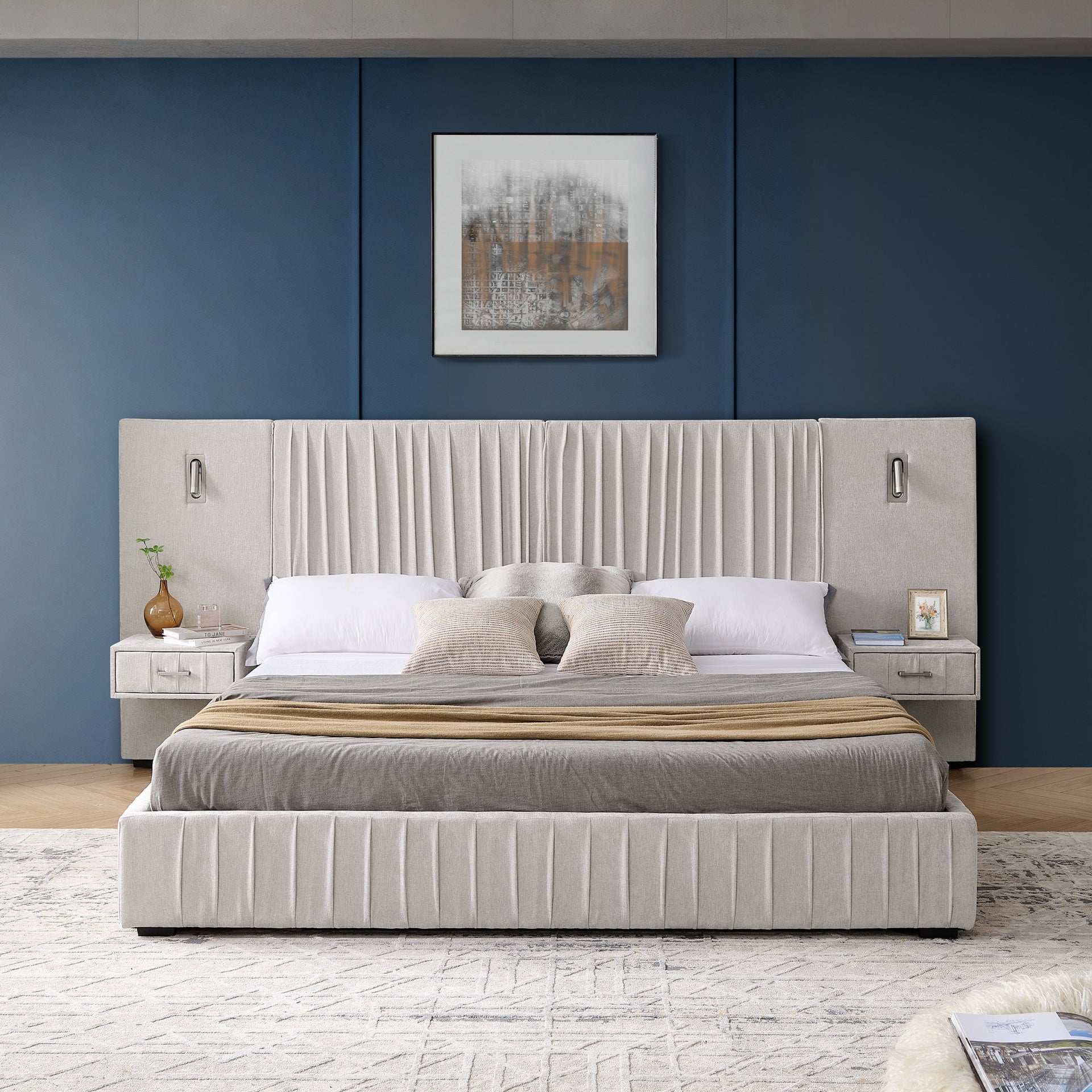 King Size Upholstered Bed Frame with Chenille fabric with pleated design,Grounded King Size Platform Bed with Headboard and Solid Frame and the bedside table.No Box Spring Needed-Beige