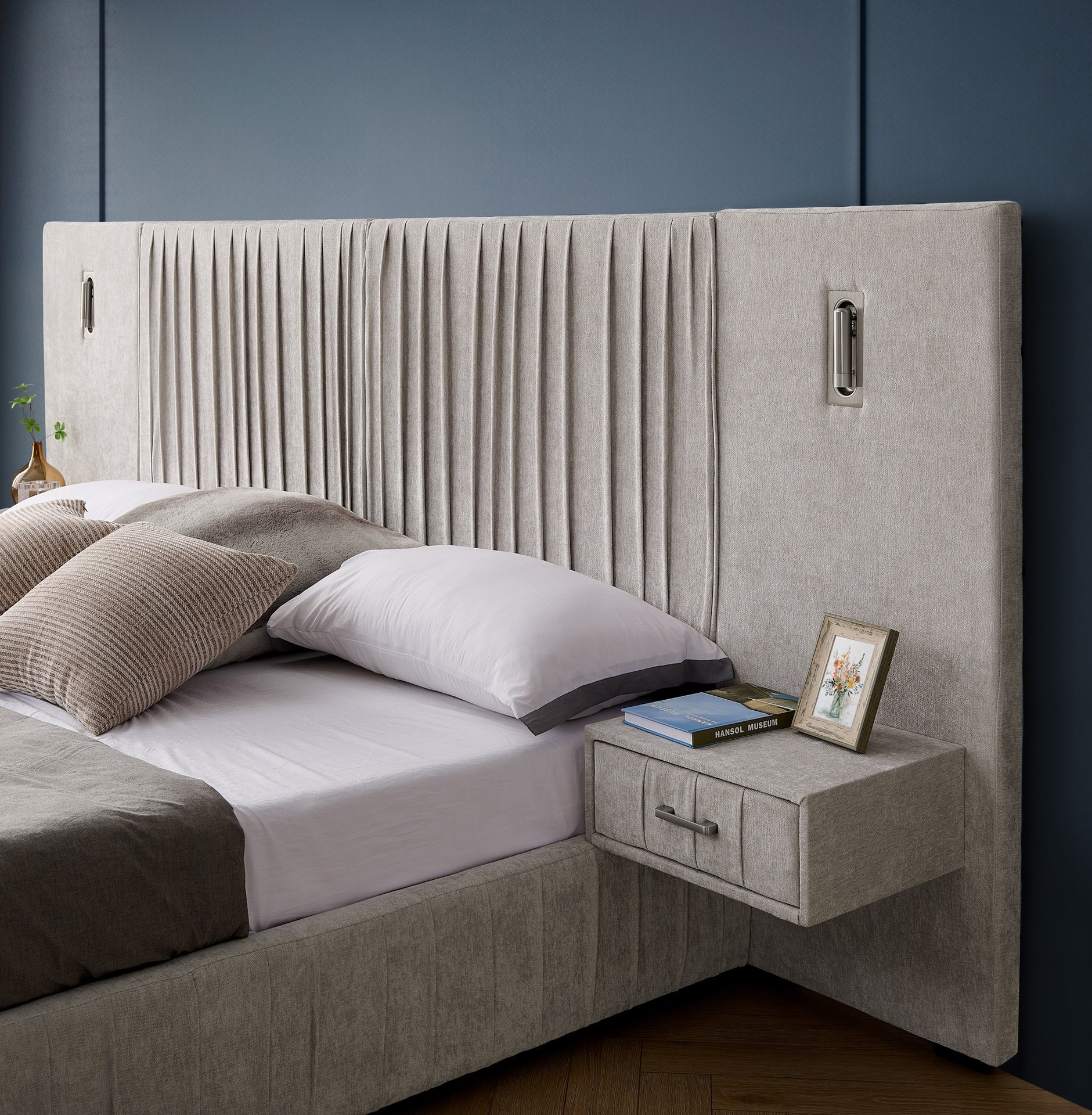 King Size Upholstered Bed Frame with Chenille fabric with pleated design,Grounded King Size Platform Bed with Headboard and Solid Frame and the bedside table.No Box Spring Needed-Beige
