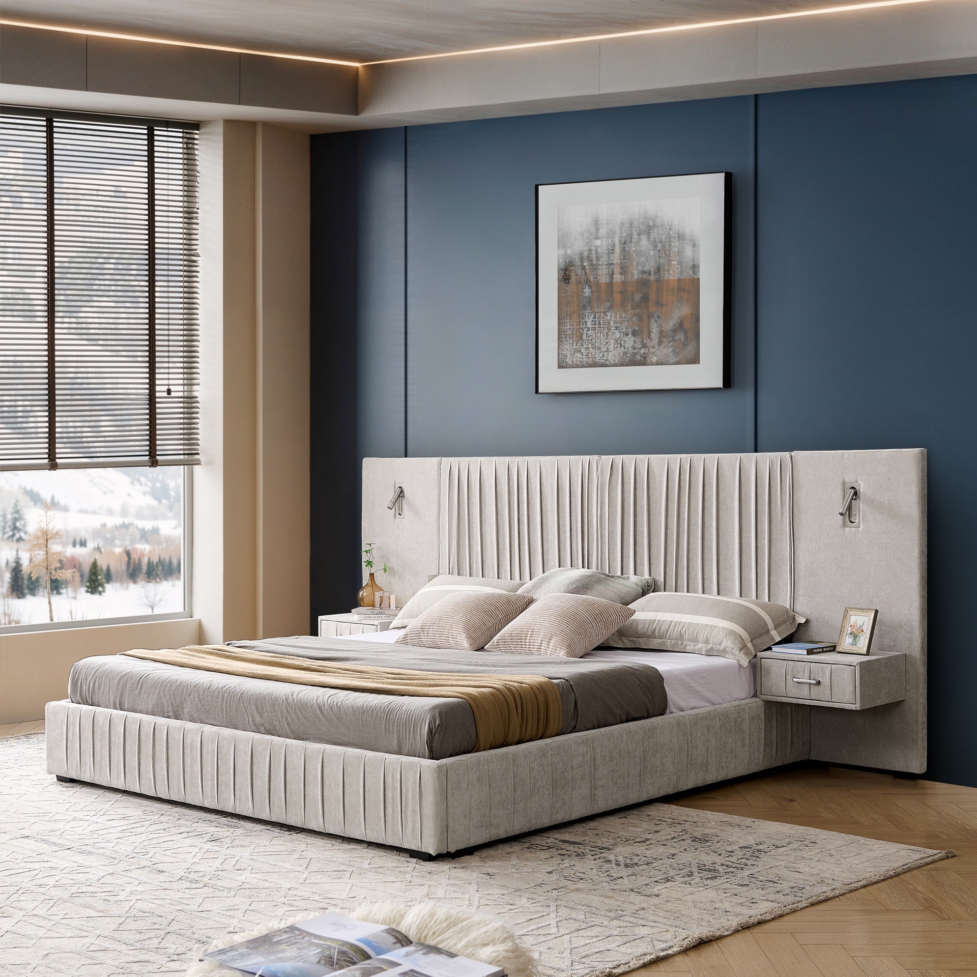 King Size Upholstered Bed Frame with Chenille fabric with pleated design,Grounded King Size Platform Bed with Headboard and Solid Frame and the bedside table.No Box Spring Needed-Beige