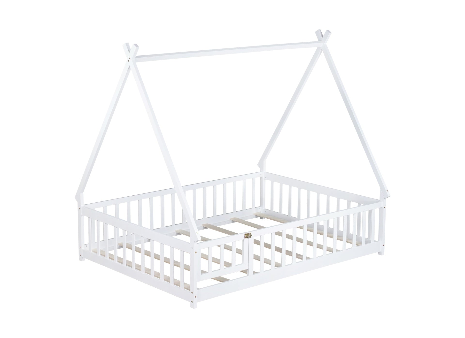 Full Size Rubber Wood Tent-shaped Floor Bed,with Guardrails,Slats and Door,White