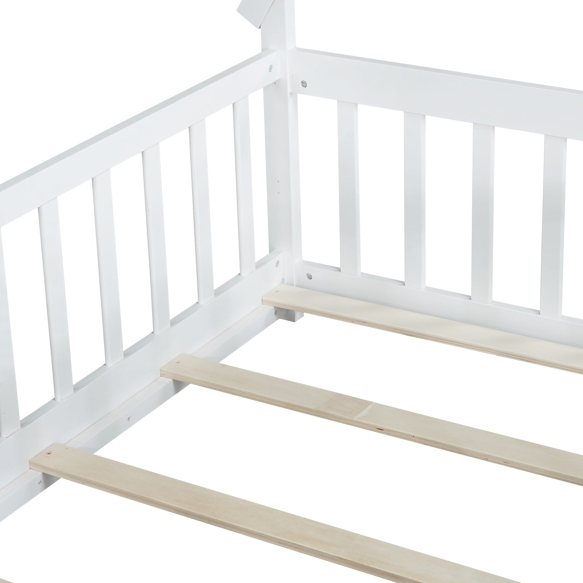 Full Size Rubber Wood Tent-shaped Floor Bed,with Guardrails,Slats and Door,White