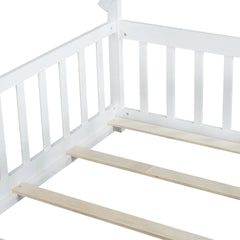 Full Size Rubber Wood Tent-shaped Floor Bed,with Guardrails,Slats and Door,White