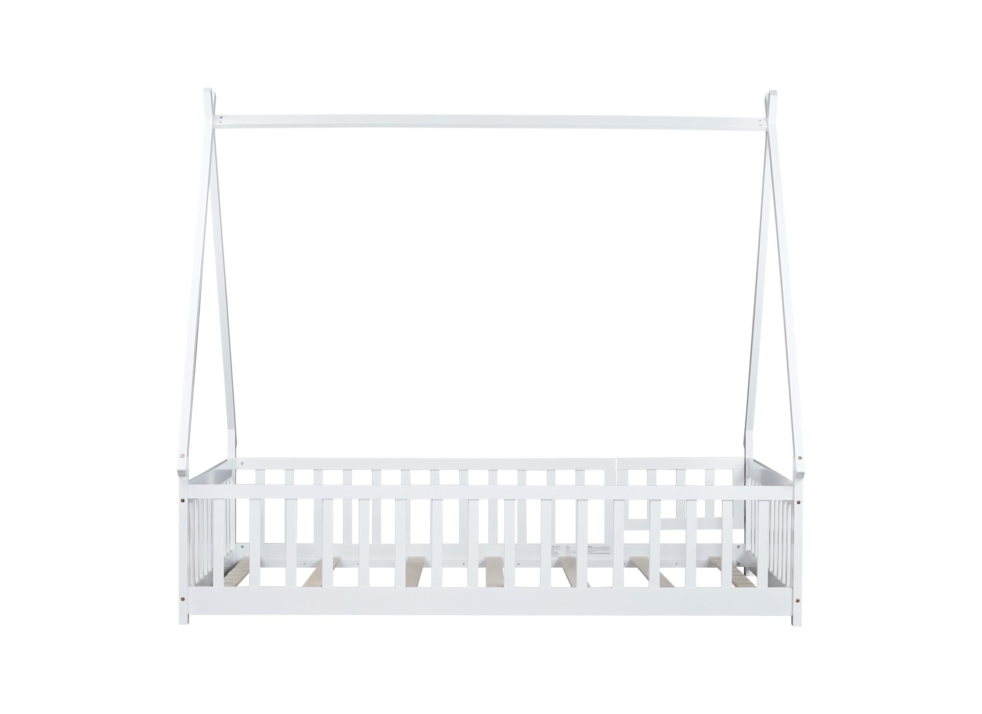 Full Size Rubber Wood Tent-shaped Floor Bed,with Guardrails,Slats and Door,White