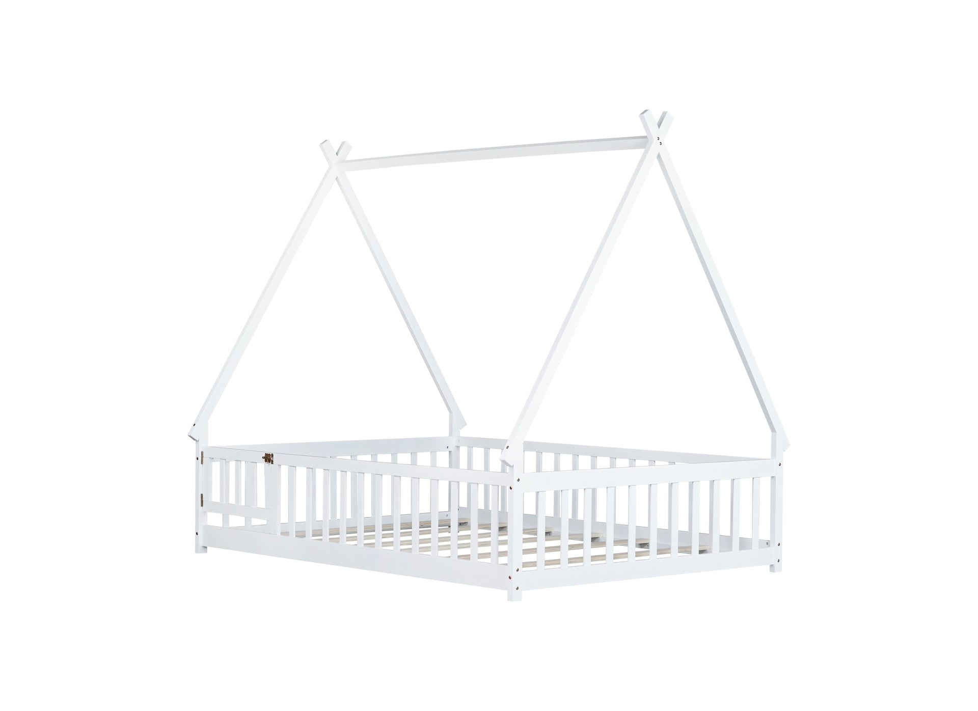 Full Size Rubber Wood Tent-shaped Floor Bed,with Guardrails,Slats and Door,White