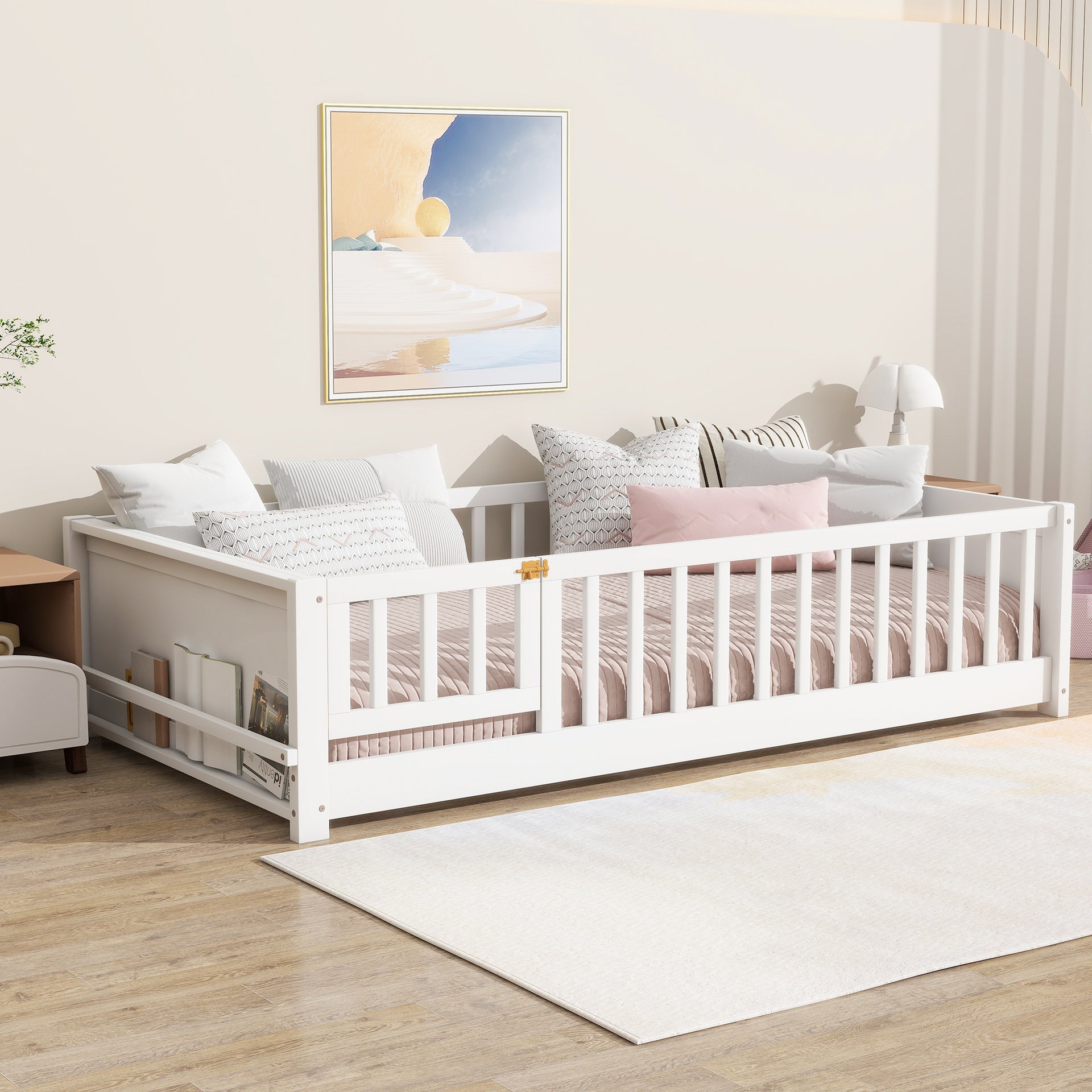 Twin Size Floor Bed with Built-in Book Rack and Door,White(Old Sku:W504P143313)