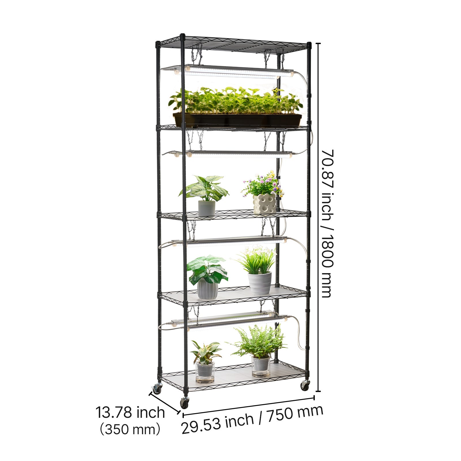 DIY Plant Shelf with Grow Lights, 71 in Tall Indoor Plant Stand with Wheels, 192W 5000K Full Spectrum Grow Lights, Heavy Duty Metal Plants Display Rack, Flower Pot Holder for Seed Starting