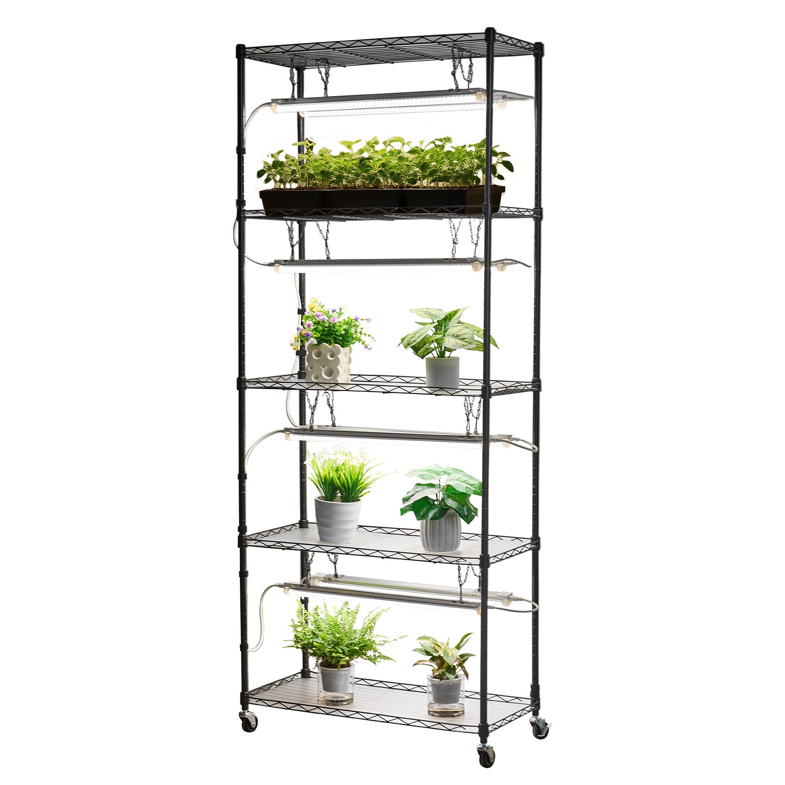 DIY Plant Shelf with Grow Lights, 71 in Tall Indoor Plant Stand with Wheels, 192W 5000K Full Spectrum Grow Lights, Heavy Duty Metal Plants Display Rack, Flower Pot Holder for Seed Starting