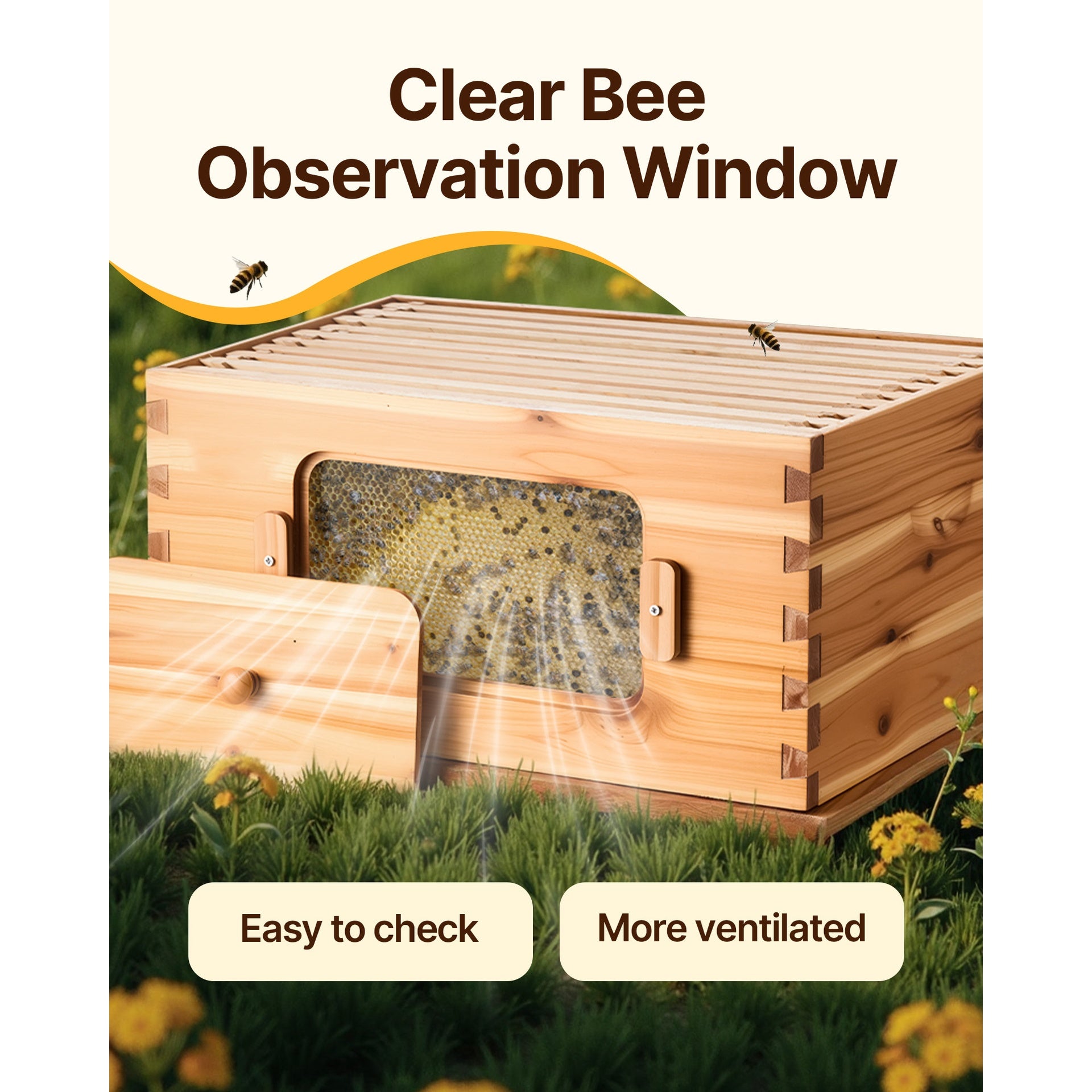 Bee Hive 30 Frame Bee Hives Starter Kit, Beeswax Coated Fir Wood, 2 Deep + 1 Medium Bee Boxes Langstroth Beehive Kit, Transparent Acrylic Windows with Foundations for Beginners Pro Beekeepers