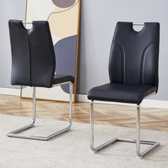 Black PU Dining Chair Set.Uniquely designed black dining chairs. PU material, paired with silver metal chair legs. Suitable for offices, restaurants, kitchens, conference rooms, etc.(Set of 2)
