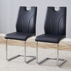 Black PU Dining Chair Set.Uniquely designed black dining chairs. PU material, paired with silver metal chair legs. Suitable for offices, restaurants, kitchens, conference rooms, etc.(Set of 2)