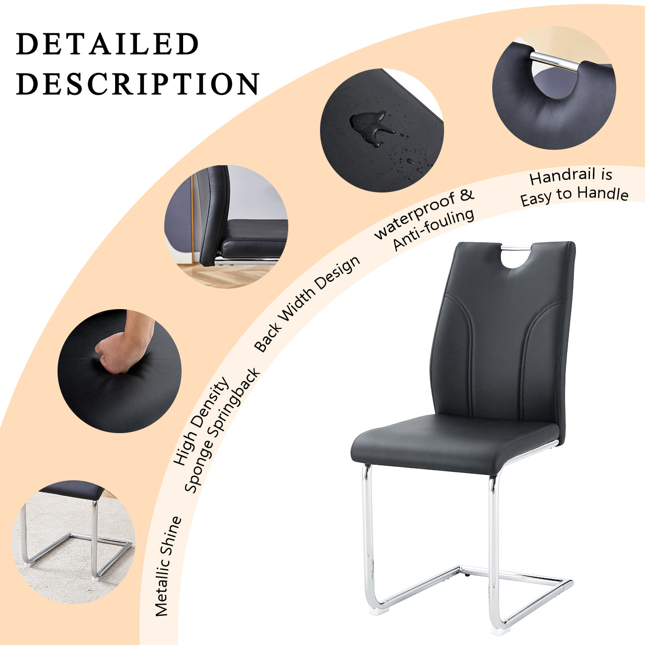 Black PU Dining Chair Set.Uniquely designed black dining chairs. PU material, paired with silver metal chair legs. Suitable for offices, restaurants, kitchens, conference rooms, etc.(Set of 2)