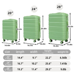 HIFINE TOURIST 20"/24"/28" 3 pcs/set in ABS Spinner Wheel Luggage, Carry on Suitcase, Matching Color, Combination Lock (Green)