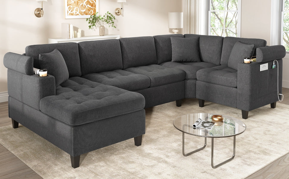 Modern U-shaped Sectional Sofa 115.7" Corner Sectional Living Room Couch Oversized Sectional with with Built-in Cup Holders, Storage Space and USB Ports for Living Room, Grey