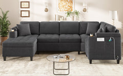 Modern U-shaped Sectional Sofa 115.7" Corner Sectional Living Room Couch Oversized Sectional with with Built-in Cup Holders, Storage Space and USB Ports for Living Room, Grey