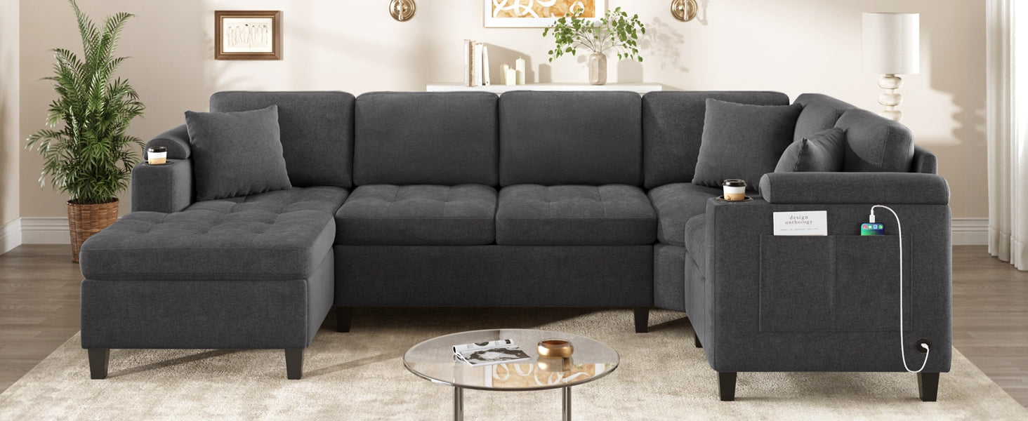 Modern U-shaped Sectional Sofa 115.7" Corner Sectional Living Room Couch Oversized Sectional with with Built-in Cup Holders, Storage Space and USB Ports for Living Room, Grey