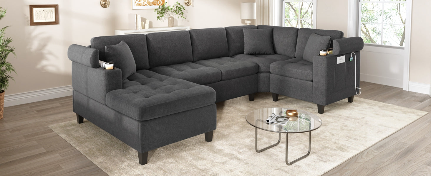 Modern U-shaped Sectional Sofa 115.7" Corner Sectional Living Room Couch Oversized Sectional with with Built-in Cup Holders, Storage Space and USB Ports for Living Room, Grey