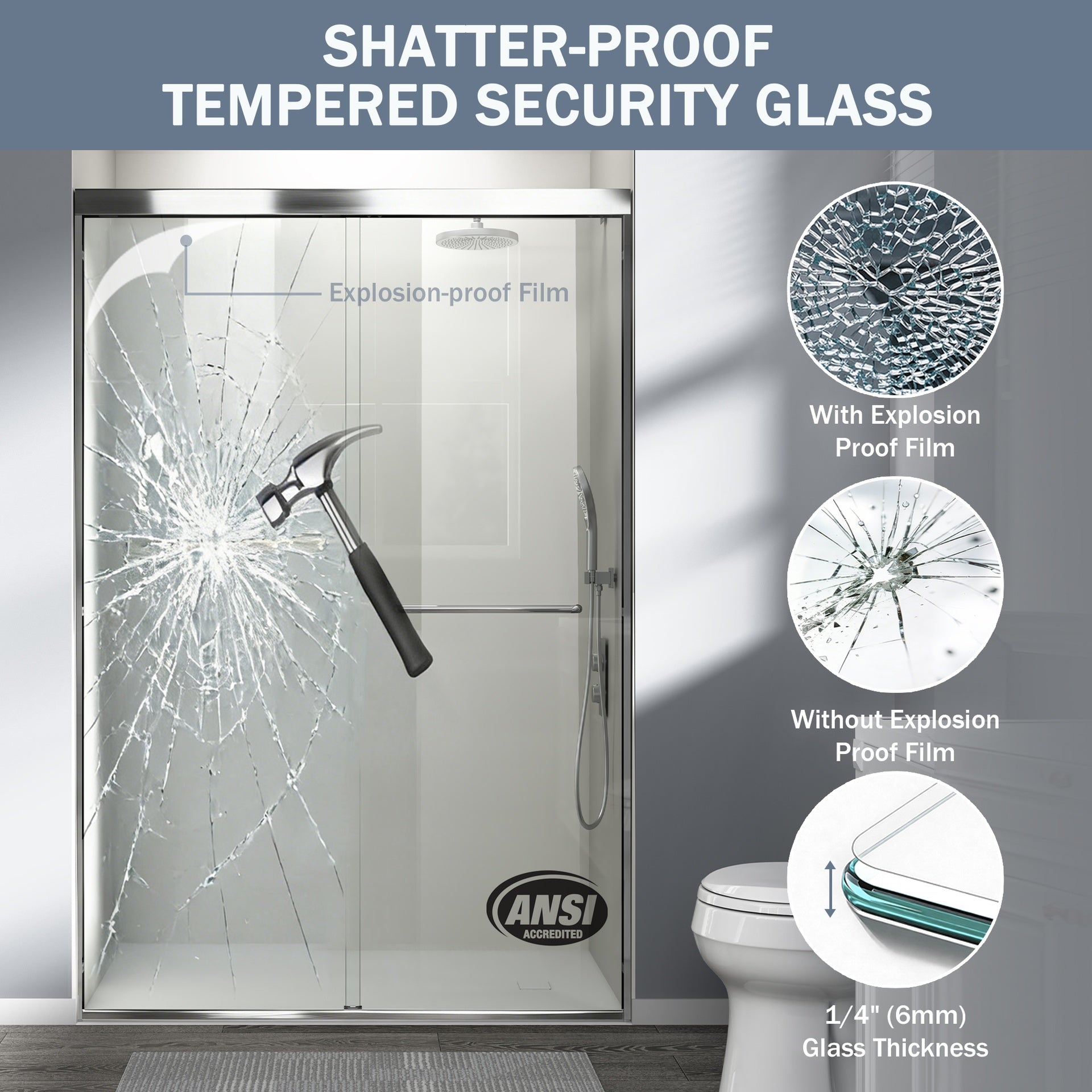 44-48 in. W x 72 in. H Double Sliding Shower Door, Semi-frameless Bathroom Sliding Door with 1/4" (6mm) Tempered Glass for Walk-in Shower, Chrome CM-24D03-48CX