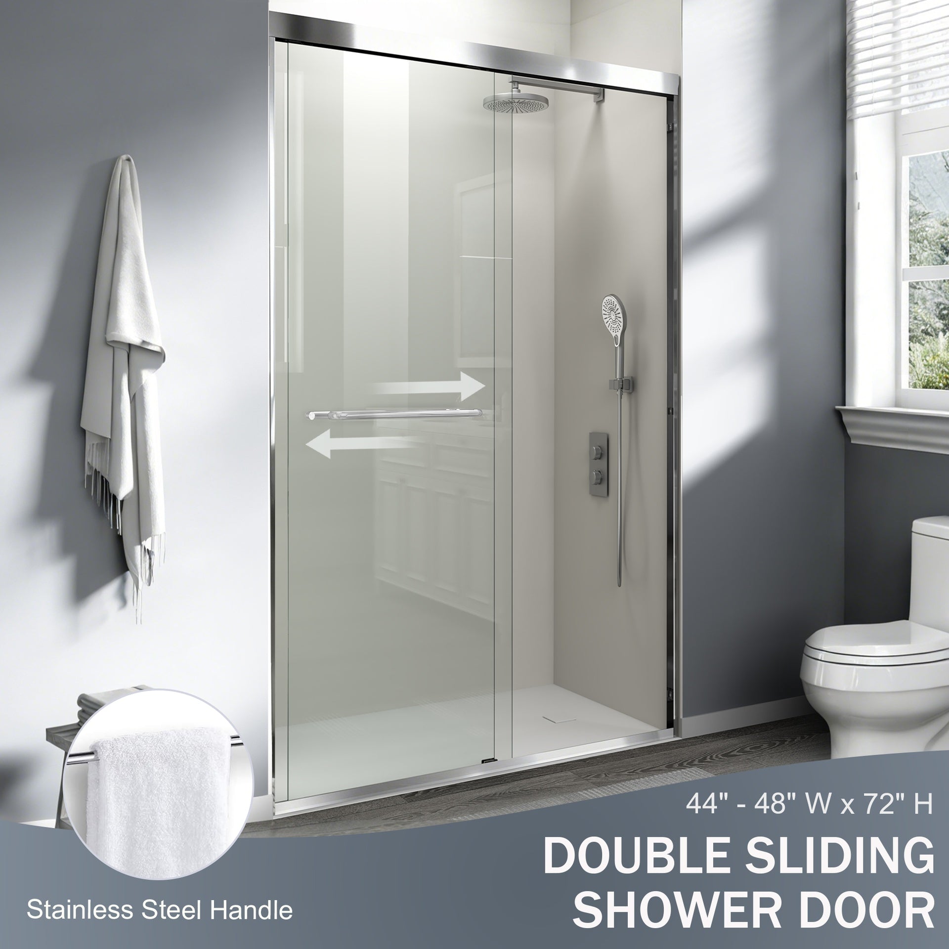 44-48 in. W x 72 in. H Double Sliding Shower Door, Semi-frameless Bathroom Sliding Door with 1/4" (6mm) Tempered Glass for Walk-in Shower, Chrome CM-24D03-48CX