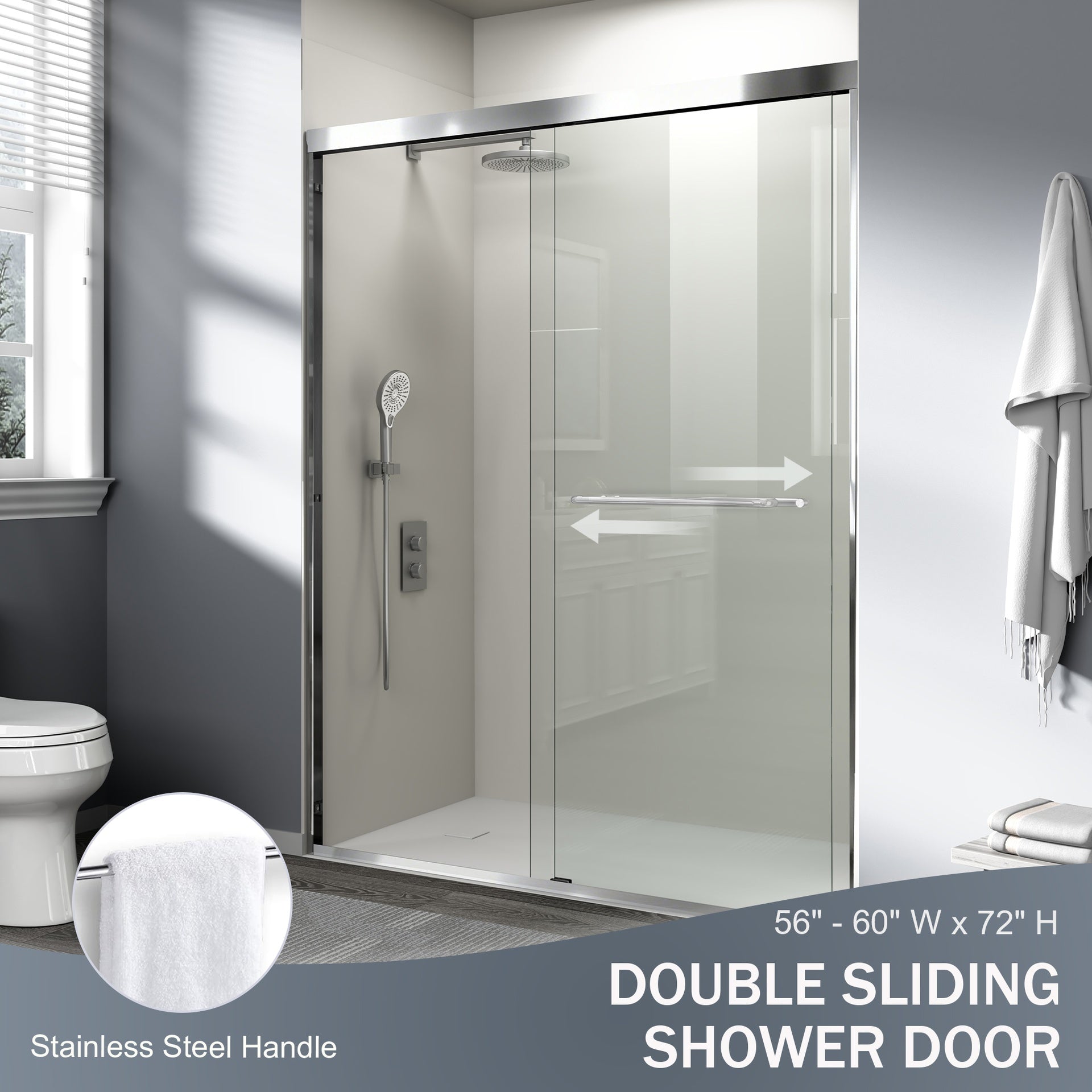 56-60 in. W x 72 in. H Double Sliding Shower Door, Semi-frameless Bathroom Sliding Door with 1/4" (6mm) Tempered Glass for Walk-in Shower, Chrome CM-24D03-60CX