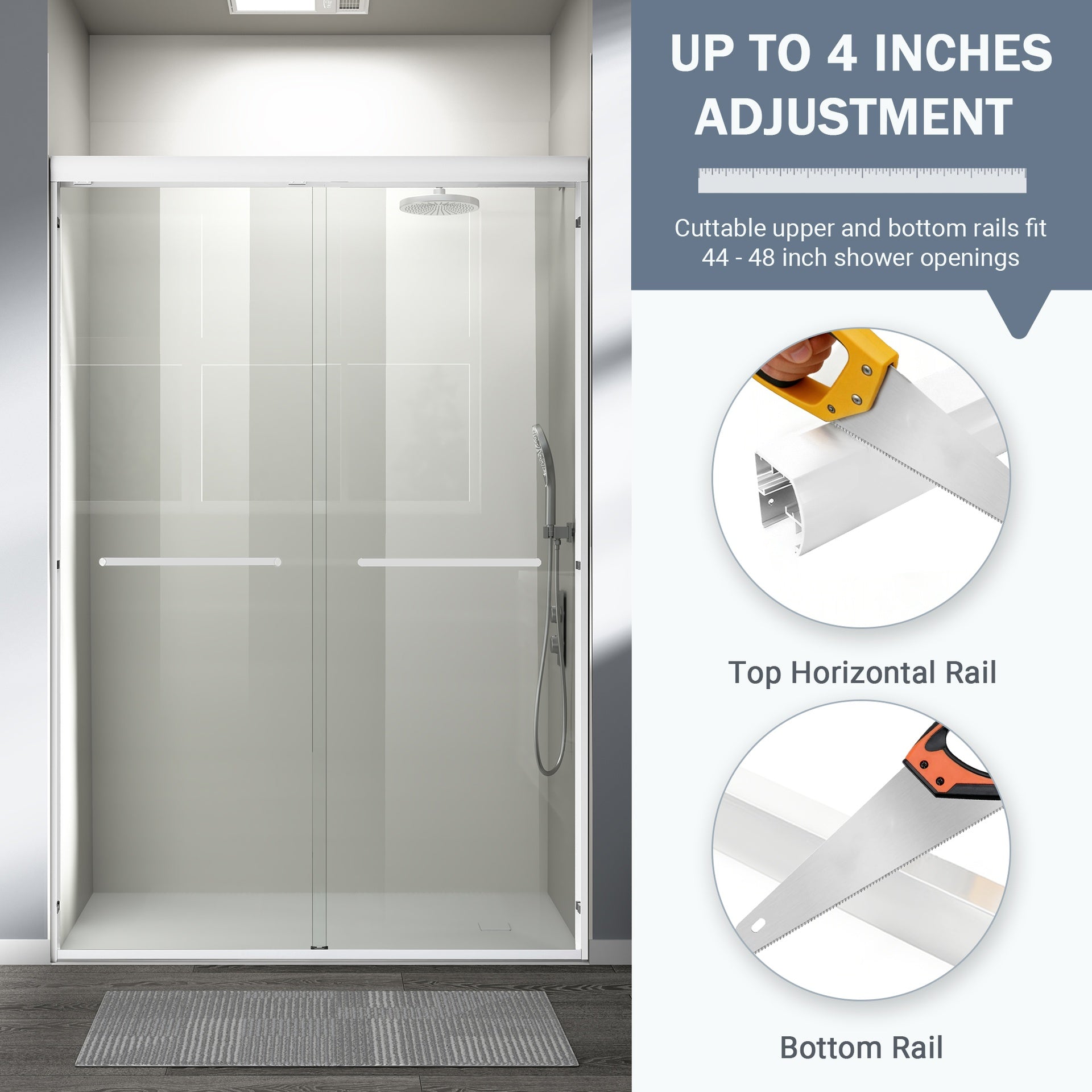 44-48 in. W x 72 in. H Double Sliding Shower Door, Semi-frameless Bathroom Sliding Door with 1/4" (6mm) Tempered Glass for Walk-in Shower, White CM-24D03-48WHX