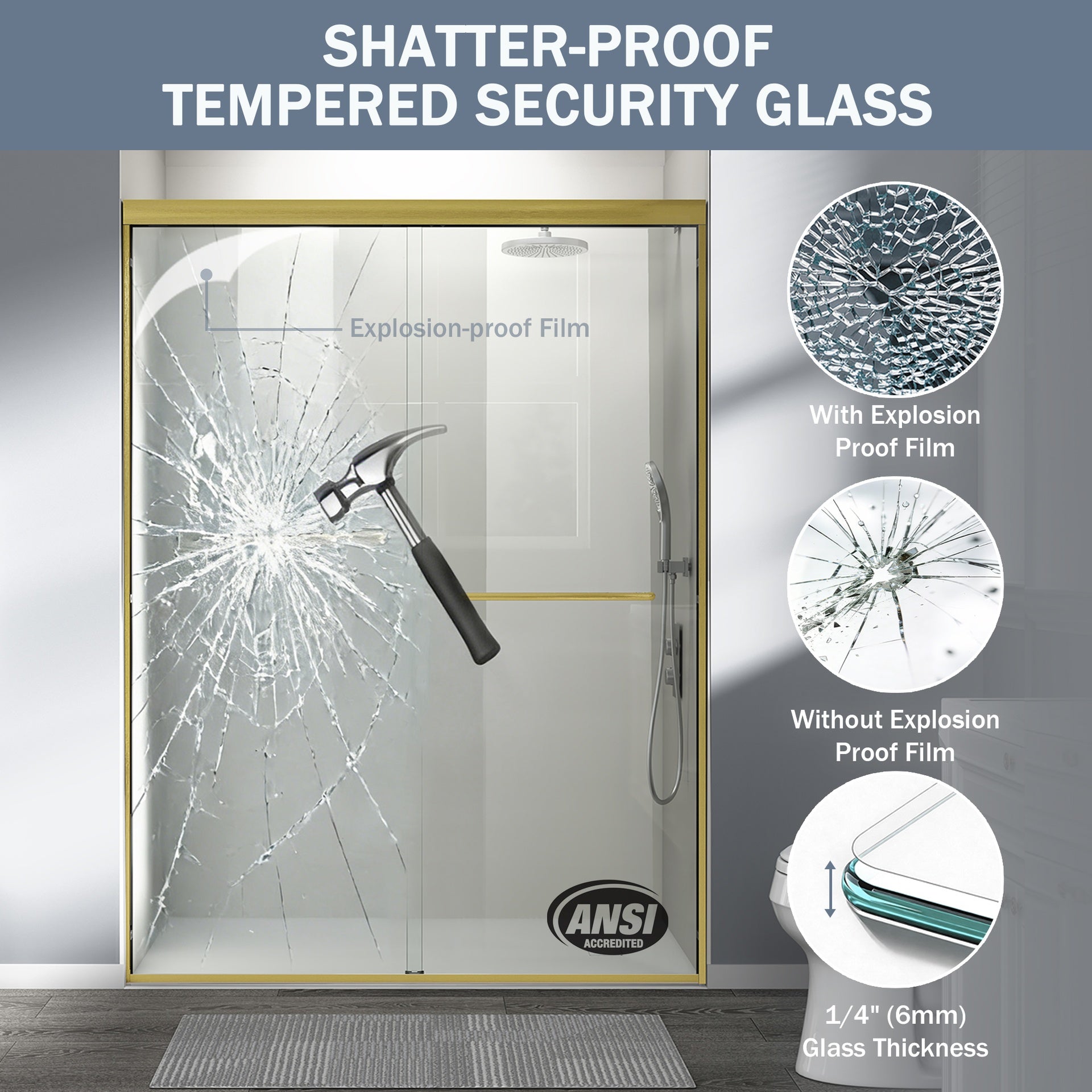 56-60 in. W x 72 in. H Double Sliding Shower Door, Semi-frameless Bathroom Sliding Door with 1/4" (6mm) Tempered Glass for Walk-in Shower, Brushed Gold CM-24D03-60BGX