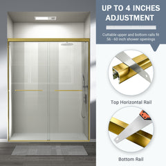 56-60 in. W x 72 in. H Double Sliding Shower Door, Semi-frameless Bathroom Sliding Door with 1/4" (6mm) Tempered Glass for Walk-in Shower, Brushed Gold CM-24D03-60BGX