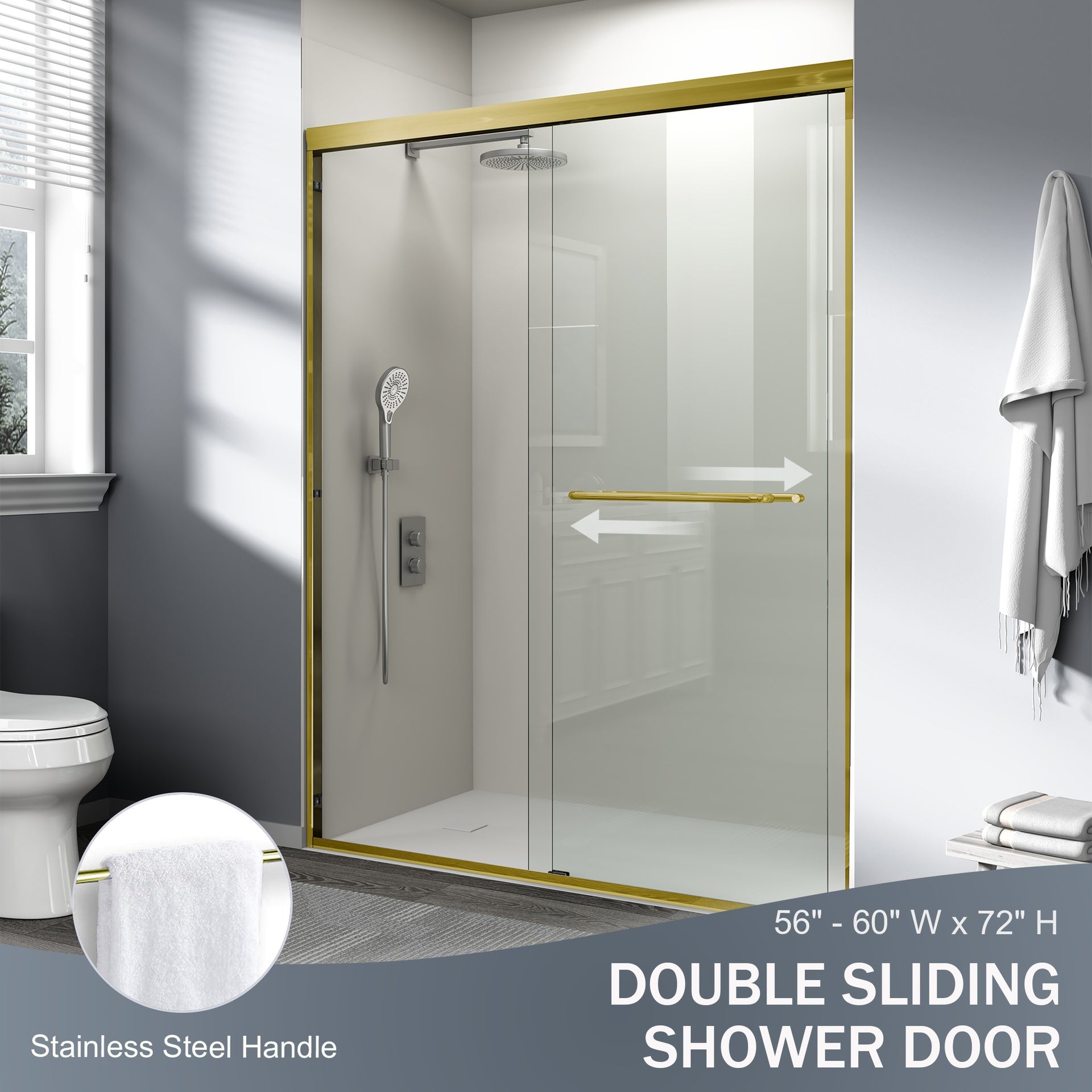 56-60 in. W x 72 in. H Double Sliding Shower Door, Semi-frameless Bathroom Sliding Door with 1/4" (6mm) Tempered Glass for Walk-in Shower, Brushed Gold CM-24D03-60BGX