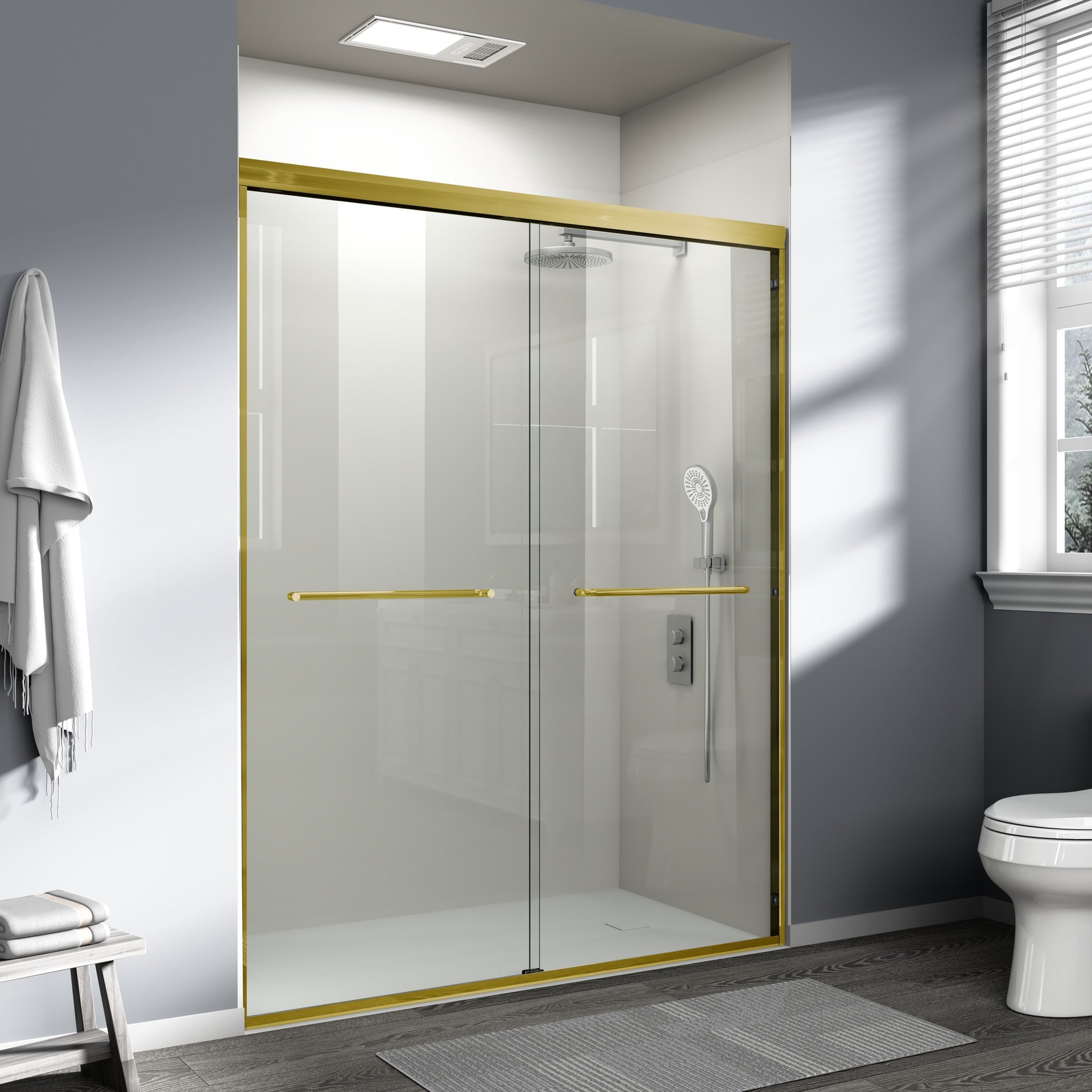 56-60 in. W x 72 in. H Double Sliding Shower Door, Semi-frameless Bathroom Sliding Door with 1/4" (6mm) Tempered Glass for Walk-in Shower, Brushed Gold CM-24D03-60BGX