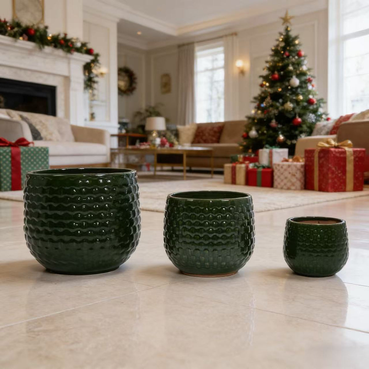 Handmade Glazed Ceramic Planter Set of 3, 9/7/5 Inch Diameter, Dark Green Solid Glossy Finish, for Succulents & Herbs Outdoor Patio & Indoor Staircase Use, Breathable Clay with Drainage Holes