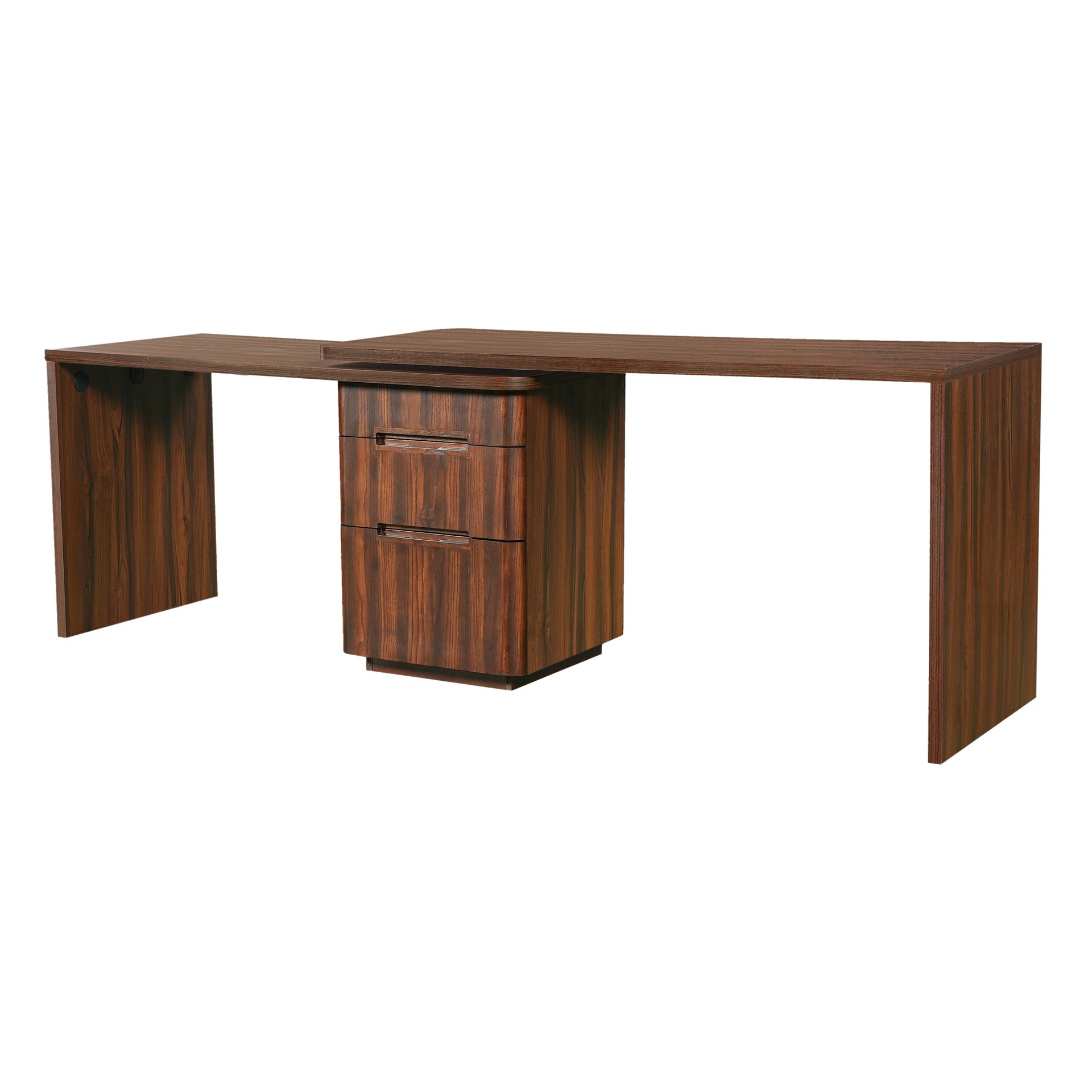 90" Modern L Shaped Desk in Walnut with 3 Drawers,360° Wood Rotating Desk,Executive Office Desk,Corner Desk,Office Study Workstation,for Home Office or Living Room