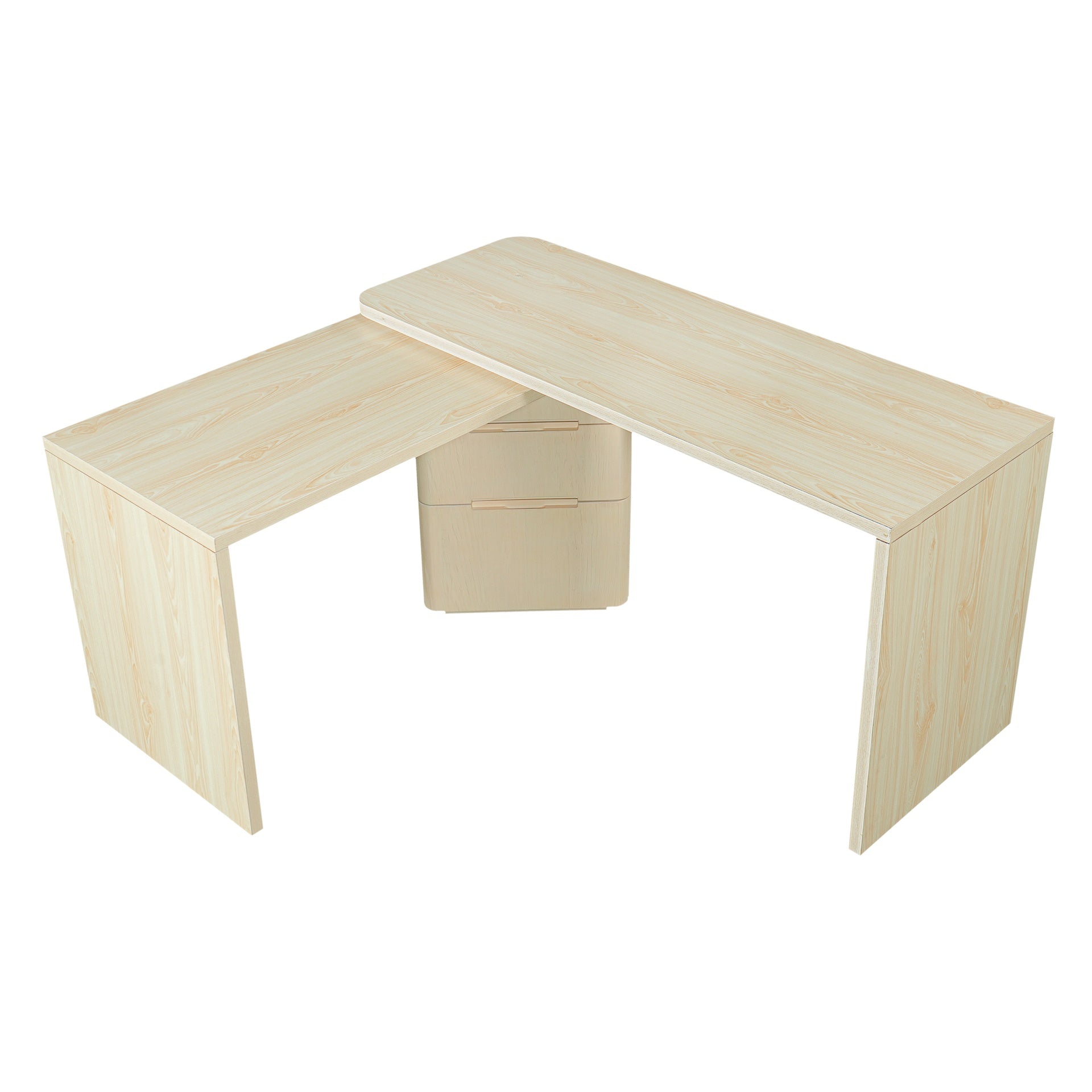 90" Modern L Shaped Desk in Natural Wood with 3 Drawers,360° Wood Rotating Desk,Executive Office Desk,Corner Desk,Office Study Workstation,for Home Office or Living Room