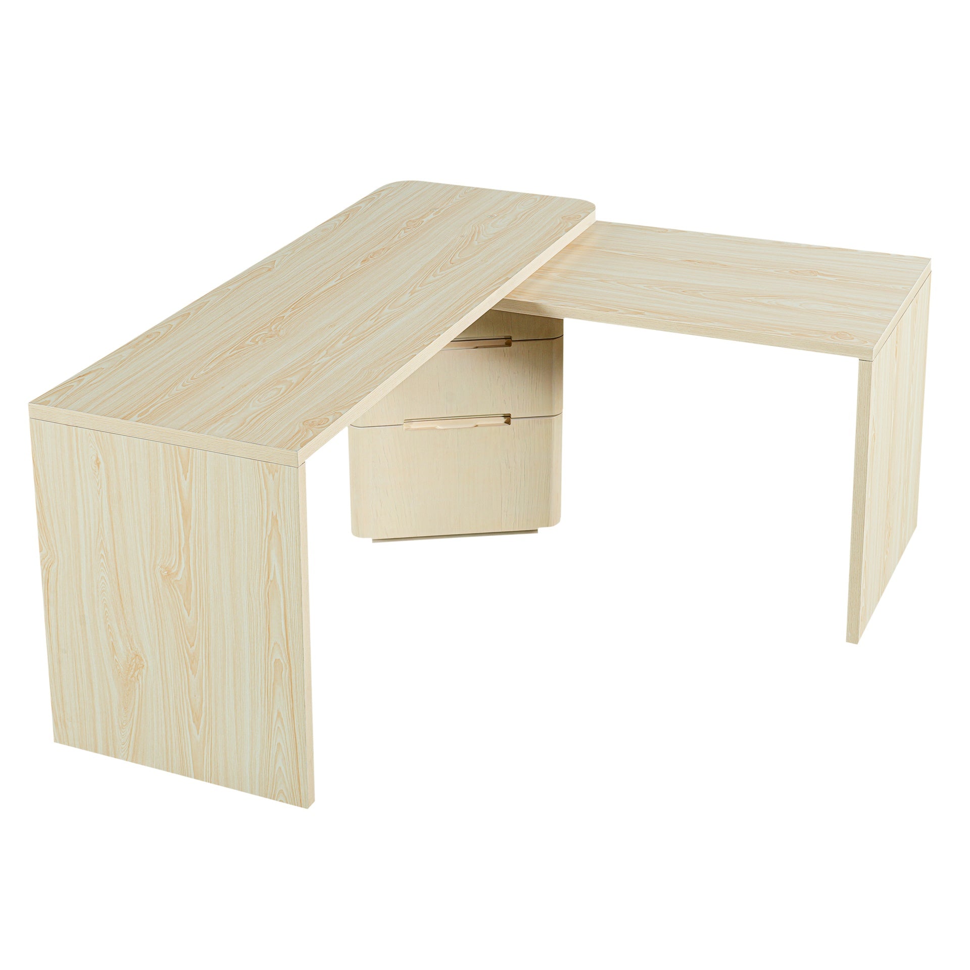 90" Modern L Shaped Desk in Natural Wood with 3 Drawers,360° Wood Rotating Desk,Executive Office Desk,Corner Desk,Office Study Workstation,for Home Office or Living Room