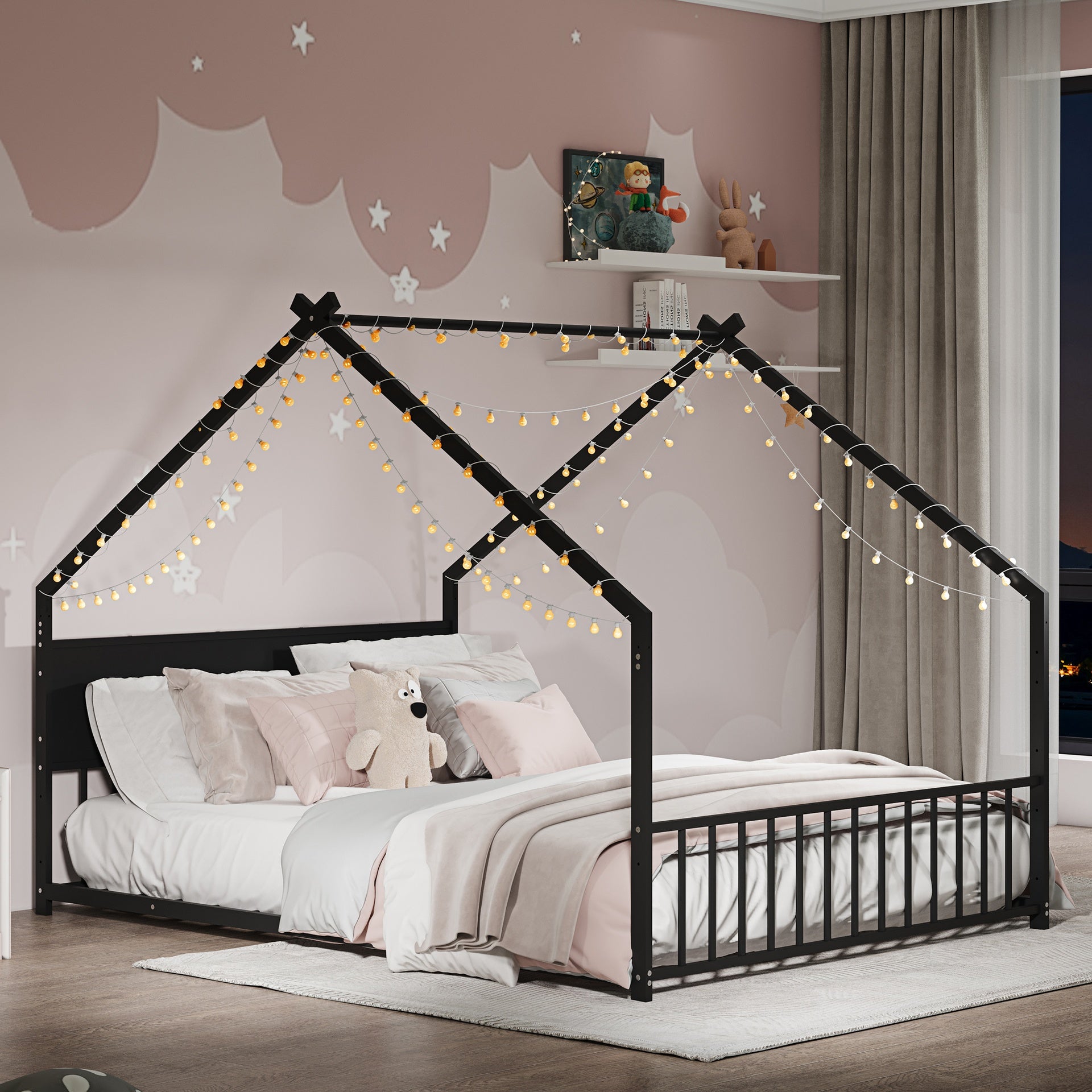 Full Size House Bed with Roof and Colorful Lights, Metal Bed Frame with Slats and Legs, House Bed for Boy, Girls and Young Teens, No Box Spring Needed,Black.