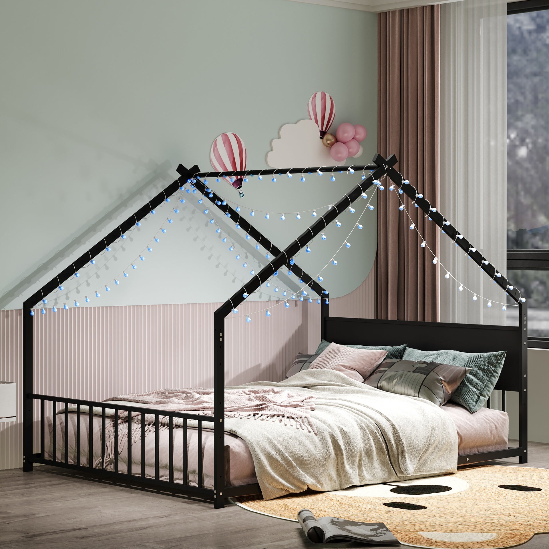 Full Size House Bed with Roof and Colorful Lights, Metal Bed Frame with Slats and Legs, House Bed for Boy, Girls and Young Teens, No Box Spring Needed,Black.