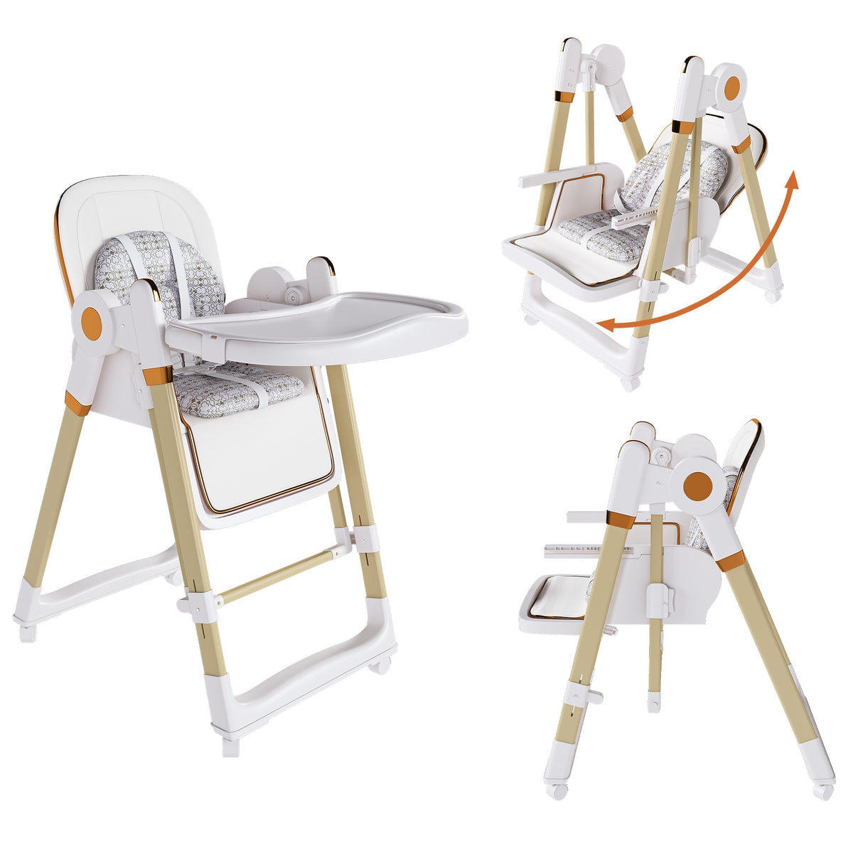 Convertible Baby High Chair to Rocker with 5-Point Harness, Foldable Infant Feeding Chair with Silent Locking Wheels & Removable 2-Tier Easy-Clean Tray for 6M-3Yrs (White)