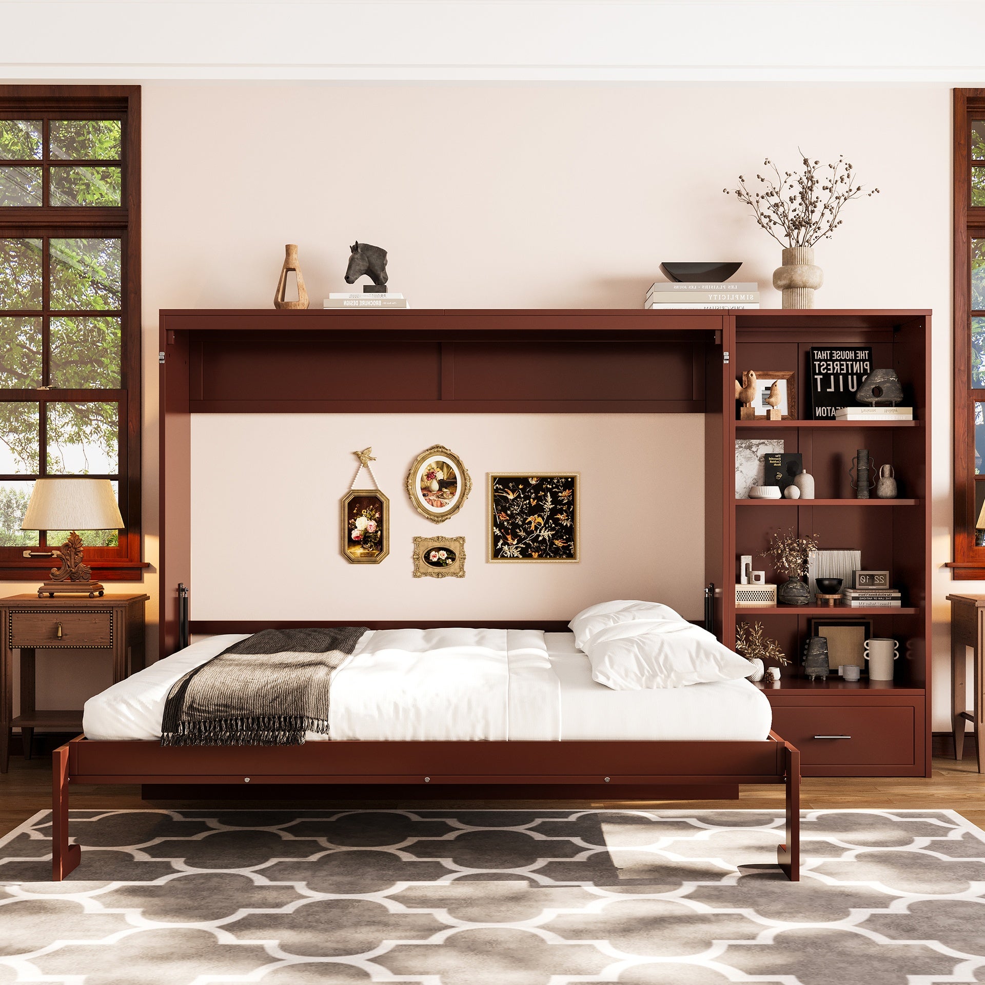 Queen Size Murphy Bed with Height Adjustable Storage Compartments and Shelf, Wall Bed Frame With 1 Drawer, Multifunctional Foldable Platform Bed for Bedroom,Guest Room, Walnut(OLD SKU:N733S309223D)