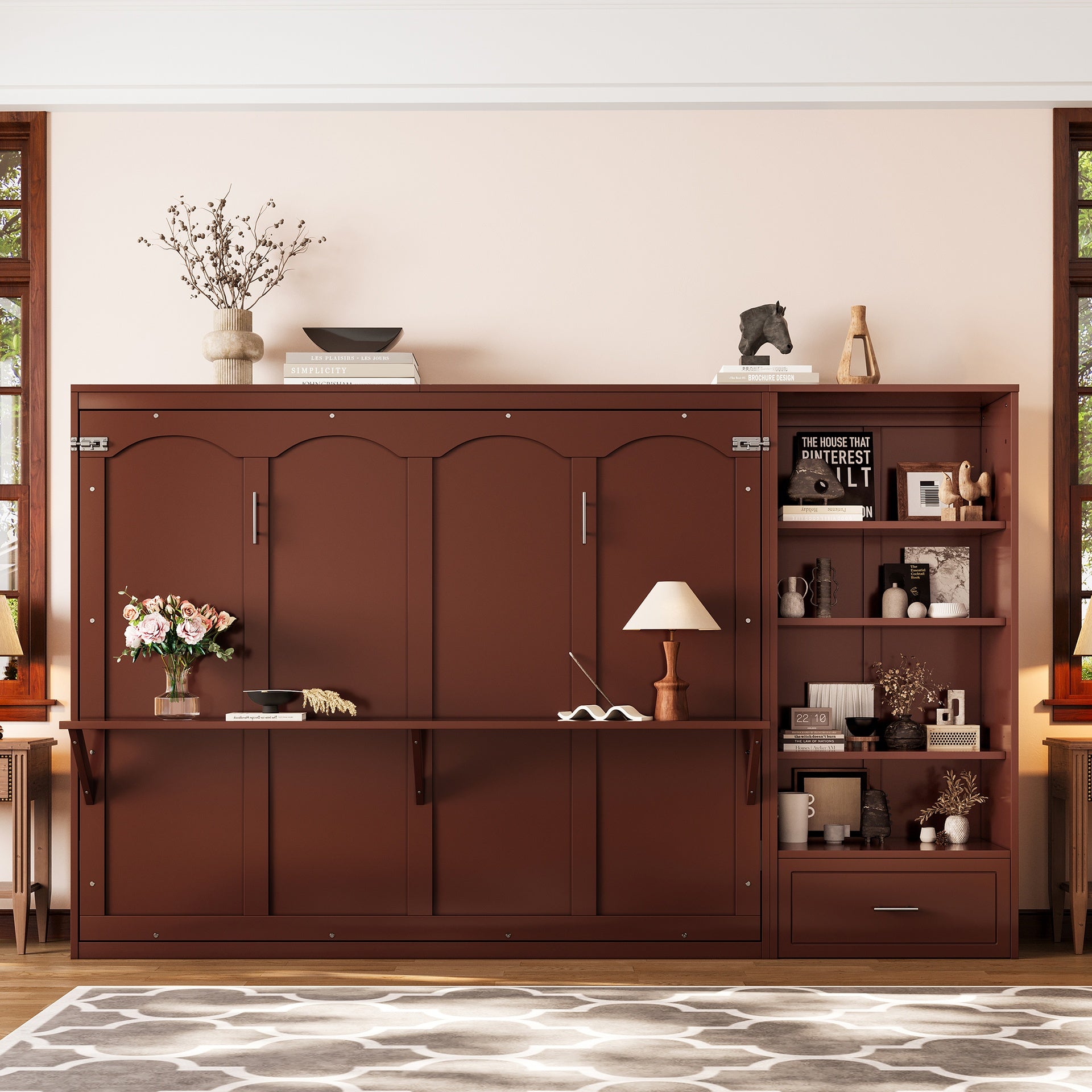 Queen Size Murphy Bed with Height Adjustable Storage Compartments and Shelf, Wall Bed Frame With 1 Drawer, Multifunctional Foldable Platform Bed for Bedroom,Guest Room, Walnut(OLD SKU:N733S309223D)