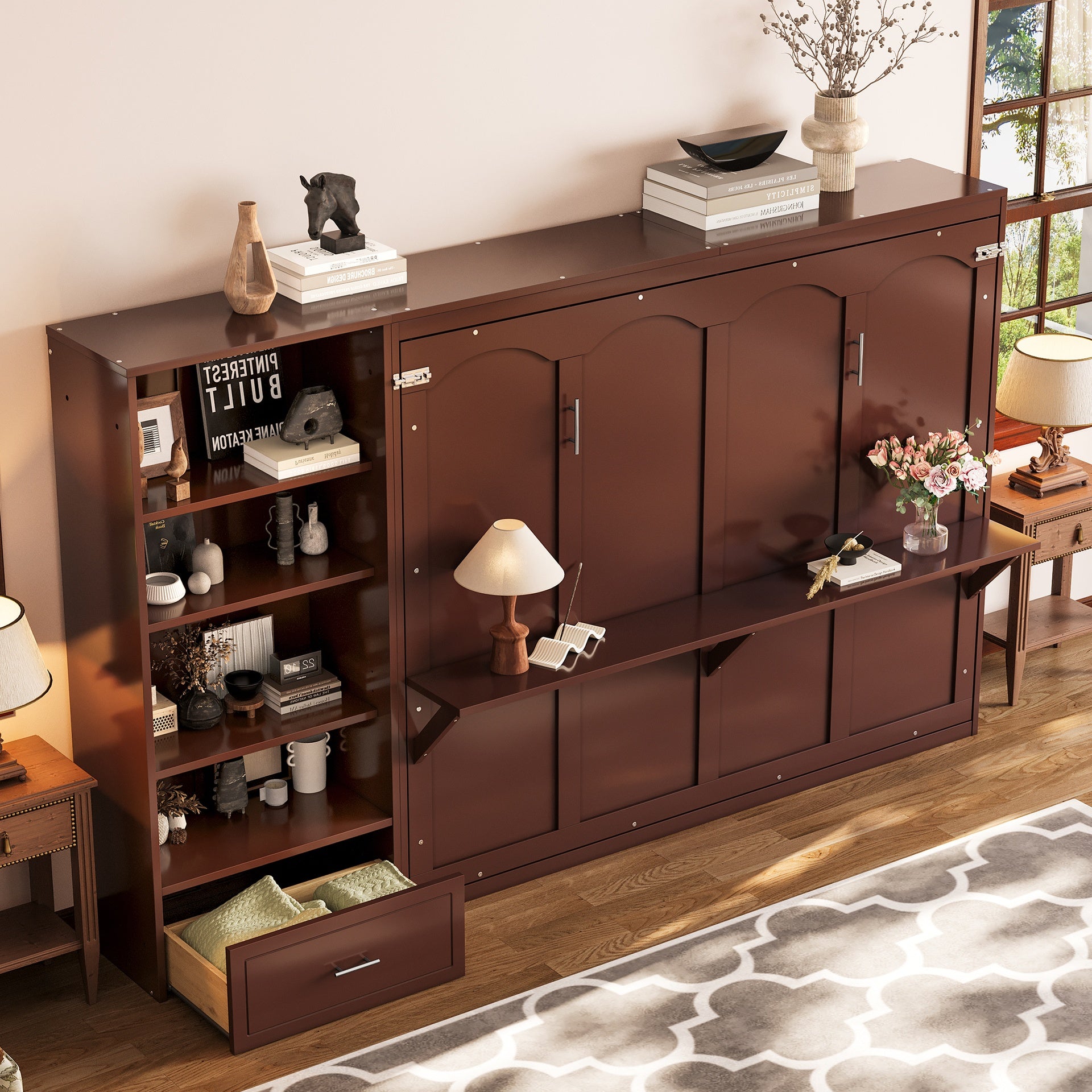 Queen Size Murphy Bed with Height Adjustable Storage Compartments and Shelf, Wall Bed Frame With 1 Drawer, Multifunctional Foldable Platform Bed for Bedroom,Guest Room, Walnut(OLD SKU:N733S309223D)