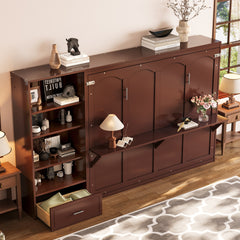 Queen Size Murphy Bed with Height Adjustable Storage Compartments and Shelf, Wall Bed Frame With 1 Drawer, Multifunctional Foldable Platform Bed for Bedroom,Guest Room, Walnut(OLD SKU:N733S309223D)