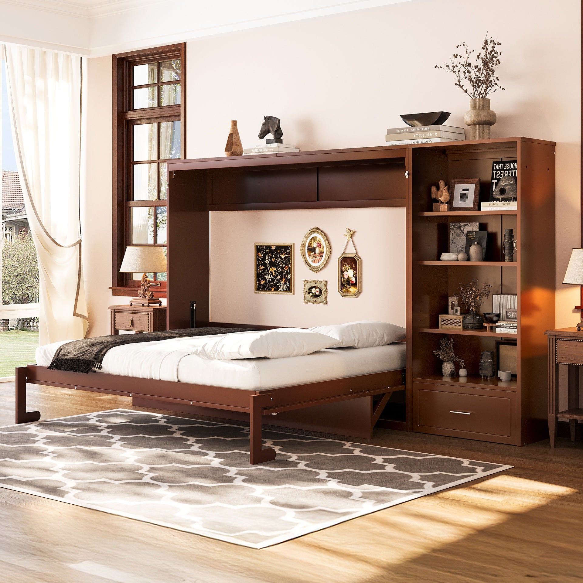 Queen Size Murphy Bed with Height Adjustable Storage Compartments and Shelf, Wall Bed Frame With 1 Drawer, Multifunctional Foldable Platform Bed for Bedroom,Guest Room, Walnut(OLD SKU:N733S309223D)