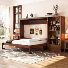Queen Size Murphy Bed with Height Adjustable Storage Compartments and Shelf, Wall Bed Frame With 1 Drawer, Multifunctional Foldable Platform Bed for Bedroom,Guest Room, Walnut(OLD SKU:N733S309223D)