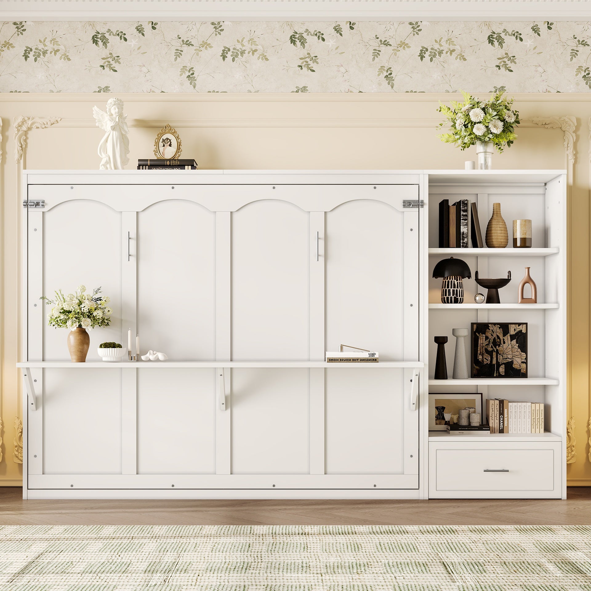 Queen Size Murphy Bed with Height Adjustable Storage Compartments and Shelf, Wall Bed Frame With 1 Drawer, Multifunctional Foldable Platform Bed for Bedroom,Guest Room, White(OLD SKU:N733S309223K)