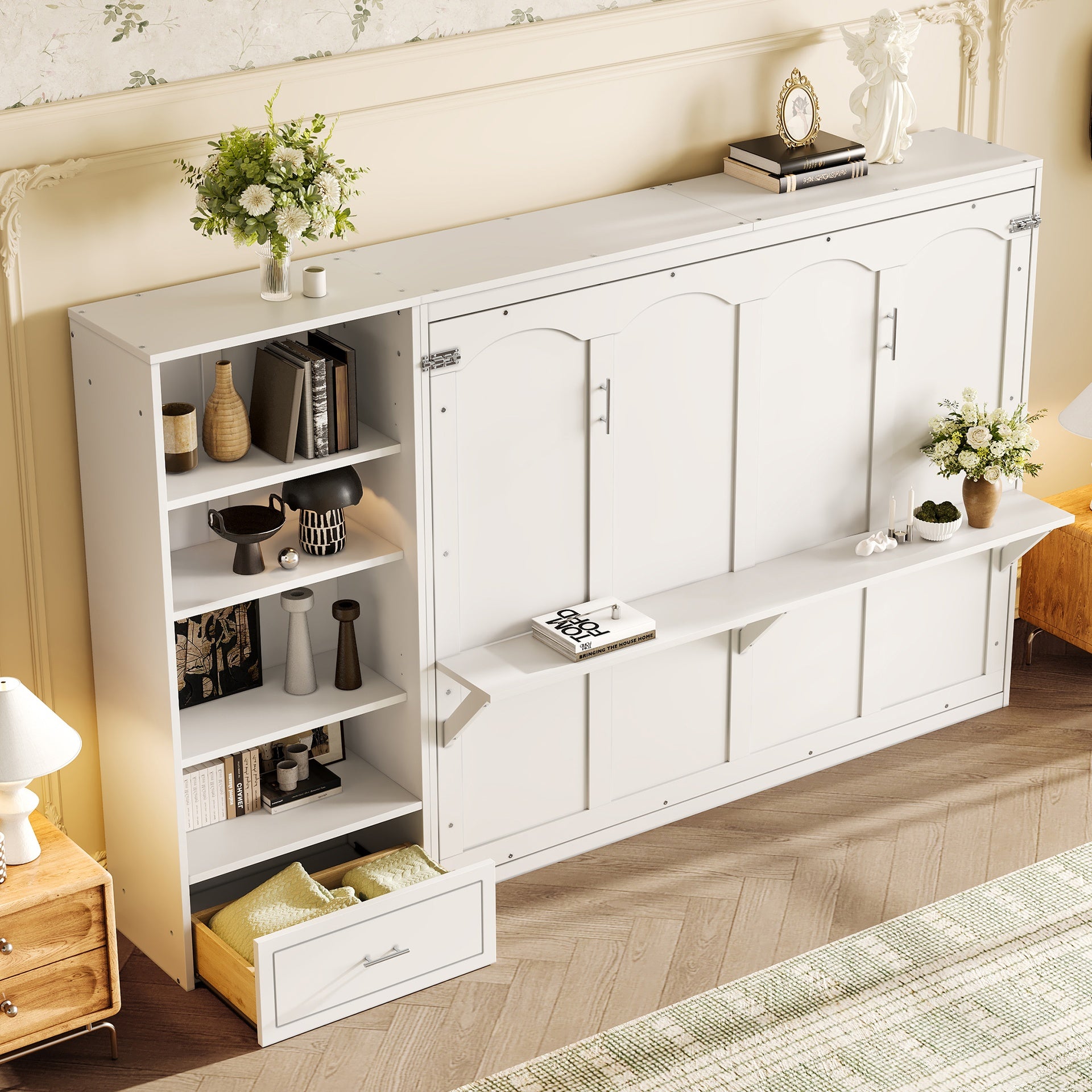 Queen Size Murphy Bed with Height Adjustable Storage Compartments and Shelf, Wall Bed Frame With 1 Drawer, Multifunctional Foldable Platform Bed for Bedroom,Guest Room, White(OLD SKU:N733S309223K)