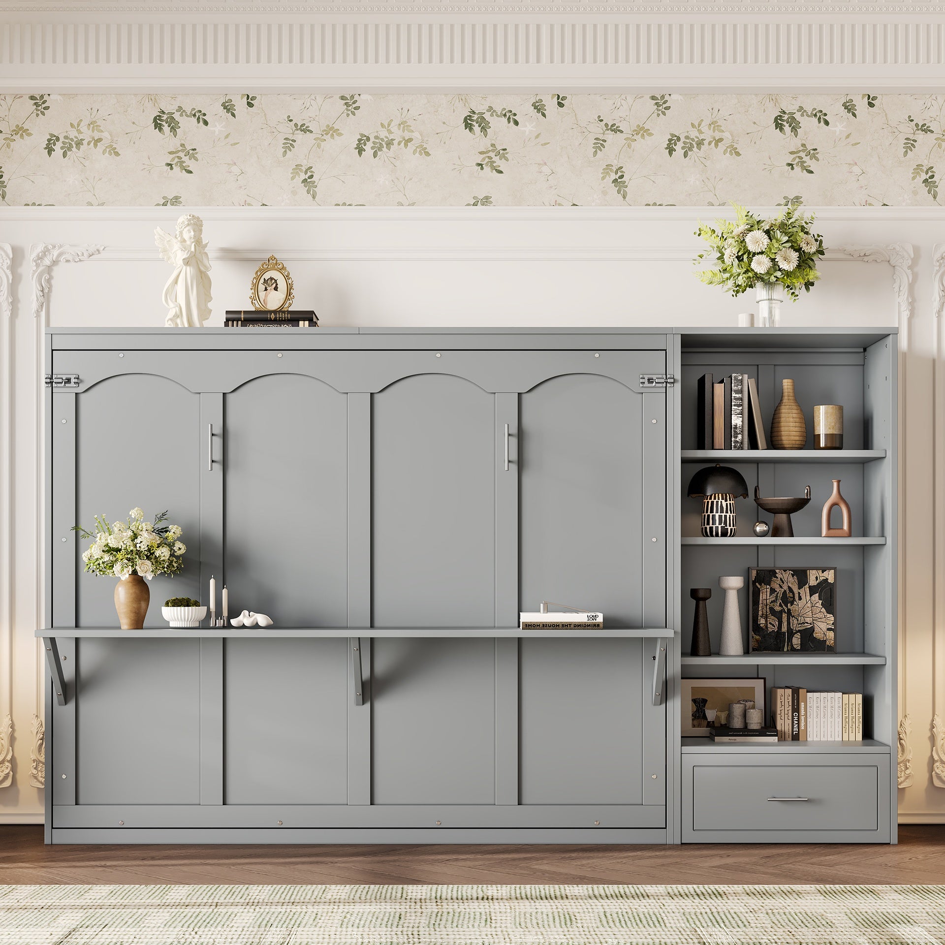 Queen Size Murphy Bed with Height Adjustable Storage Compartments and Shelf, Wall Bed Frame With 1 Drawer, Multifunctional Foldable Platform Bed for Bedroom,Guest Room, Gray(OLD SKU:N733S309223E)