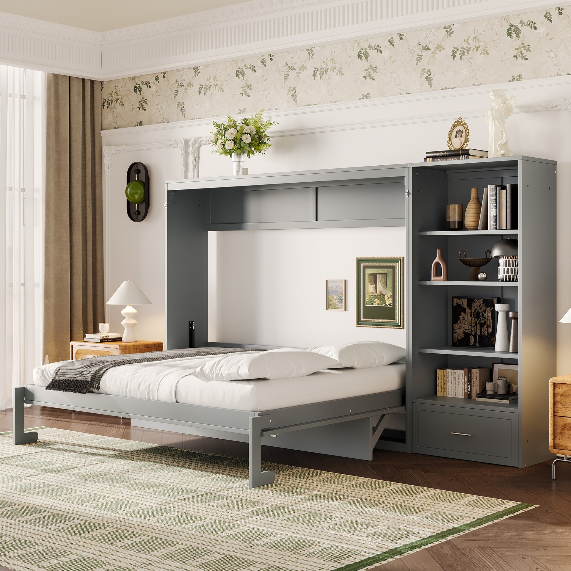 Queen Size Murphy Bed with Height Adjustable Storage Compartments and Shelf, Wall Bed Frame With 1 Drawer, Multifunctional Foldable Platform Bed for Bedroom,Guest Room, Gray(OLD SKU:N733S309223E)