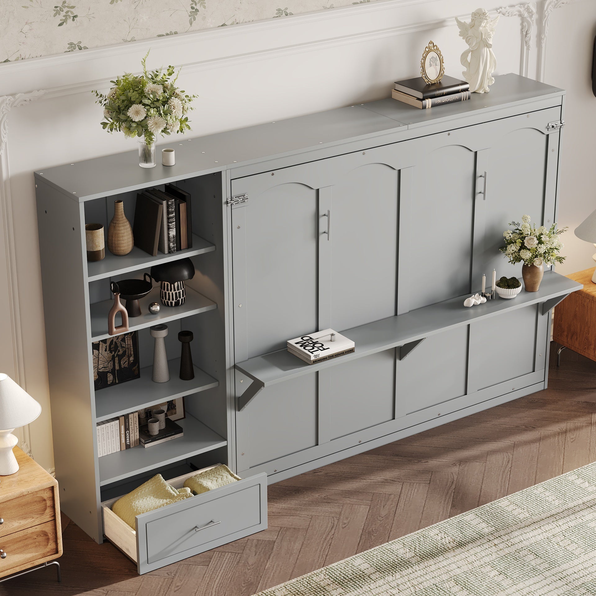 Queen Size Murphy Bed with Height Adjustable Storage Compartments and Shelf, Wall Bed Frame With 1 Drawer, Multifunctional Foldable Platform Bed for Bedroom,Guest Room, Gray(OLD SKU:N733S309223E)