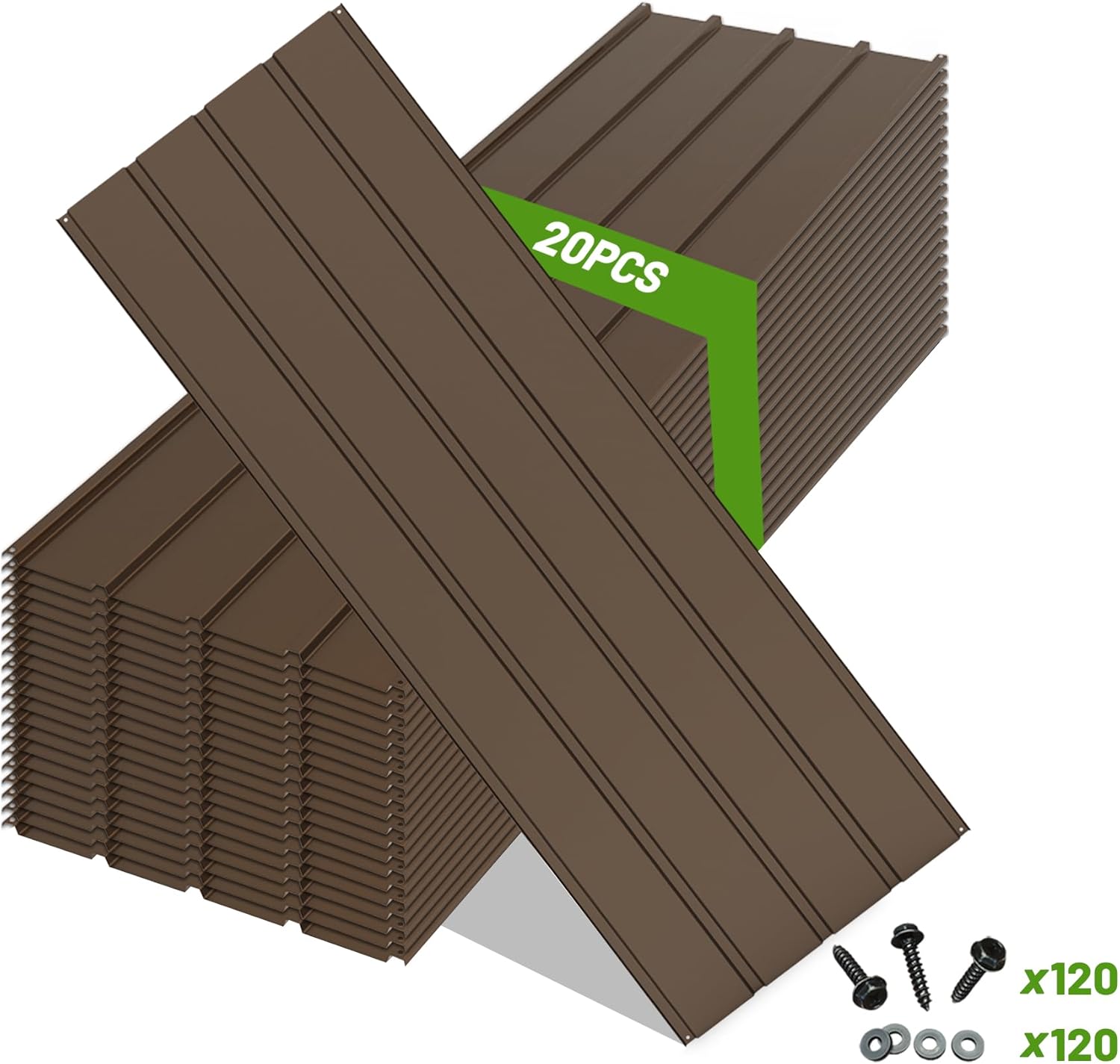 20PCS Metal Roofing Panels, Corrugated Galvanized Roof Panels, Waterproof Metal Siding Panels with 120 Pcs Steel Screws for Pergola, Gazebo, Shed, Garages, Stables and Mobile Homes (Brown)