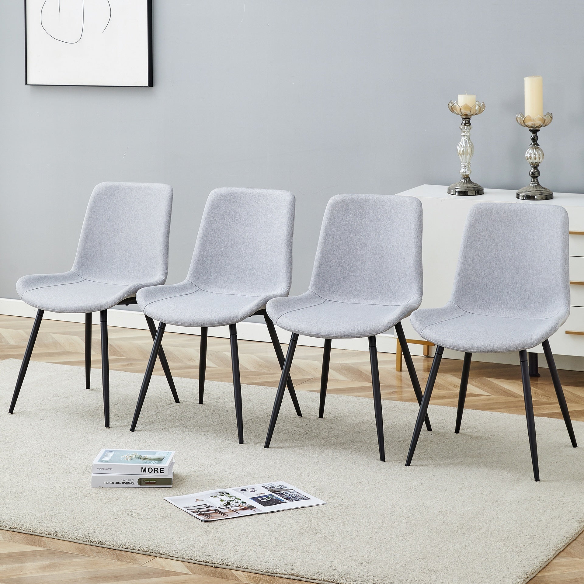 Comfortable Linen-Cotton Dining Chair Set - Four Pieces in Light Gray.Integrated Seat and Backrest,Linen-Cotton Material,Curved Widened Cushion Design For More Comfort.