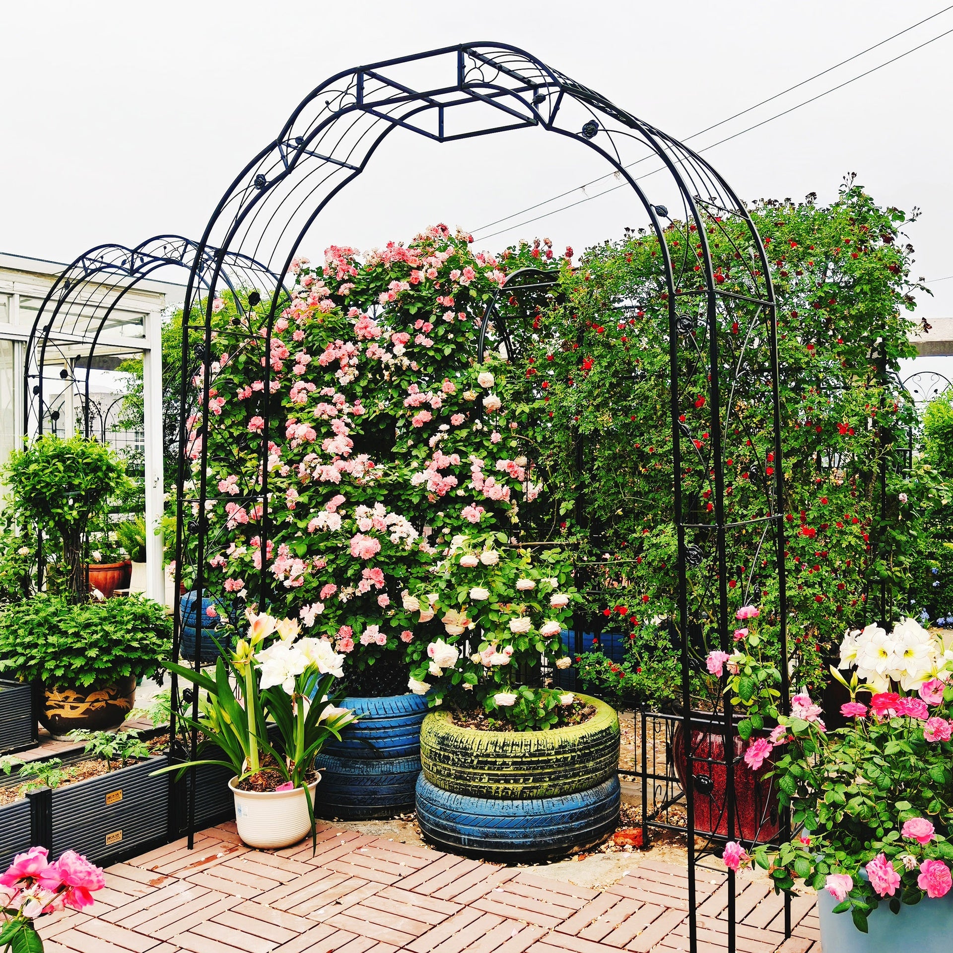 Metal Garden Arch W74.4'' x H98.4'' Garden Arbor Trellis Climbing Plants Support Rose Arch Outdoor Arch Black