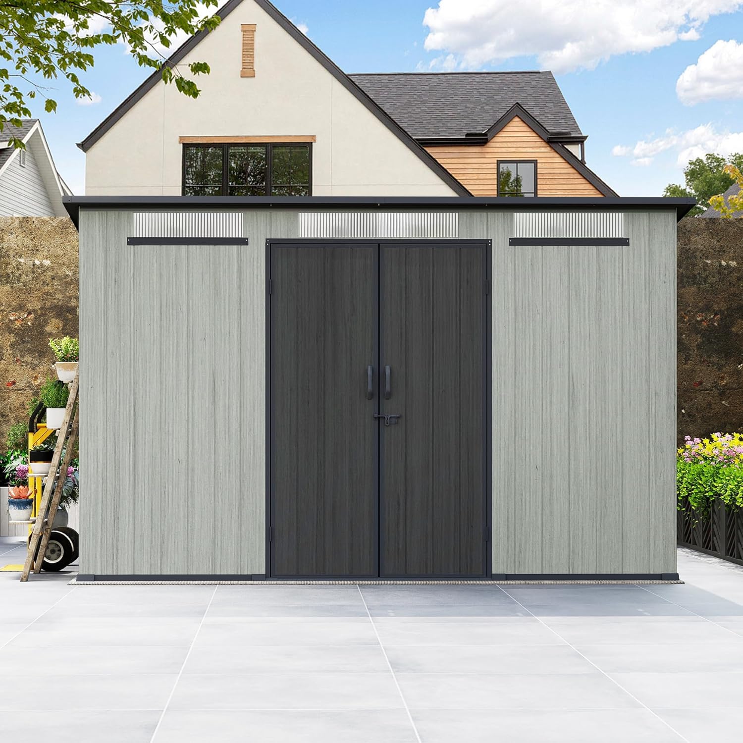 6x11FT Outdoor Resin Storage Shed with Transparent Windows & Louvered Vents, Plastic Tool Shed with Double Lockable Doors & Sloping Roof, Outside Garden Shed for Backyard, Patio, Lawn, Gray